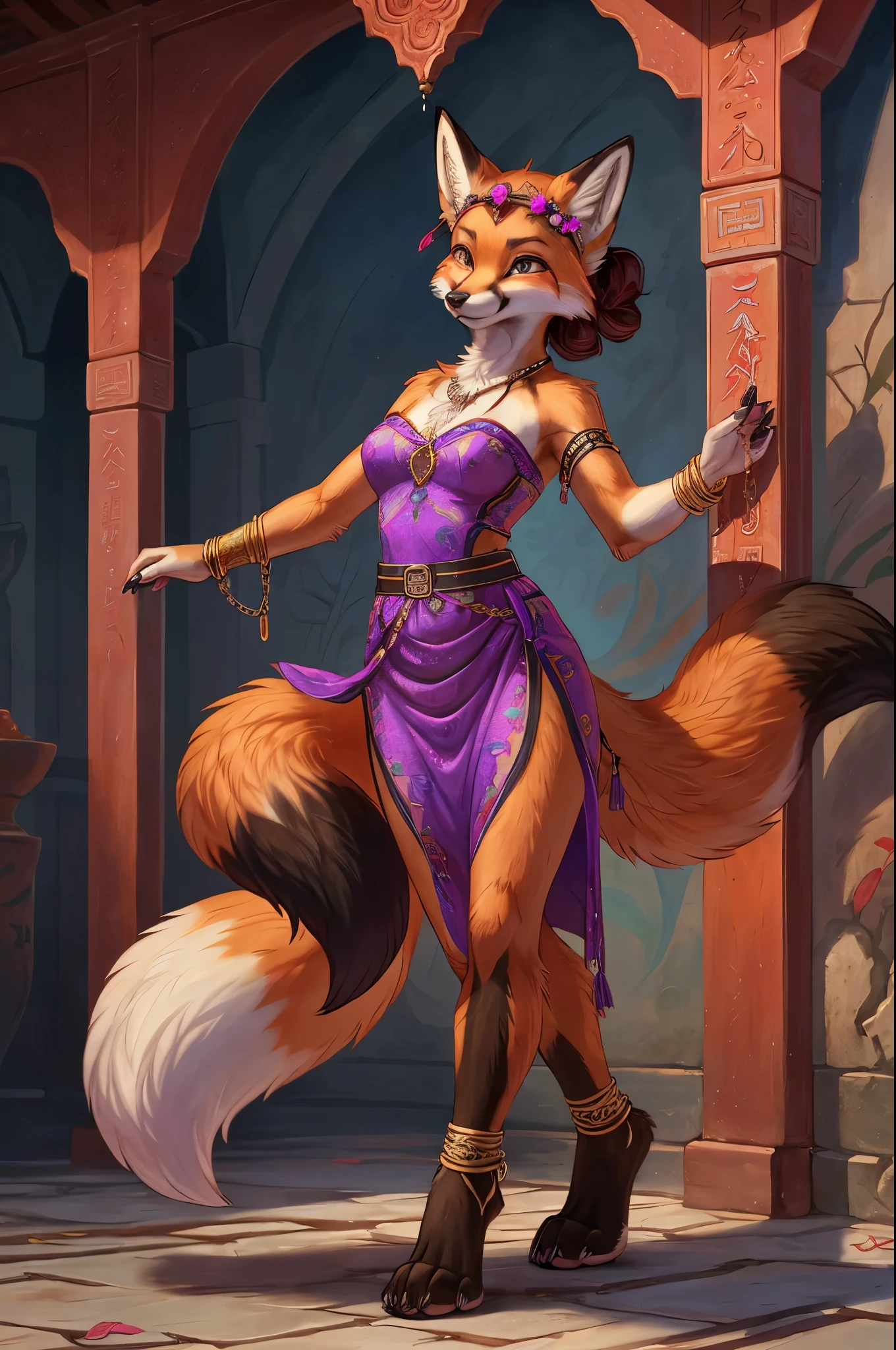 top quality, ancient Chinese beauty(highly detailed beautiful face and eyes)absurdres, perfect anatomy((beast woman, solo focus)) (((furry))) (furry anthro:1.7) ((((Furry body, fox facial features, fox body features)))) ((fox's muzzle, very detailed body fur))full body, dancing pose, gorgeous dress embroidered with intricate embroidery, transparent colorful ribbons tied around her arms, bare shoulders, open neck, wreath, black bun with flower hairpins Belts, armbands with streamers, necklaces, bracelets, anklets, metal chain tassels around the waist, Mogao Grottoes art, inspiration from Dunhuang Flying Apsaras murals, ink wash,