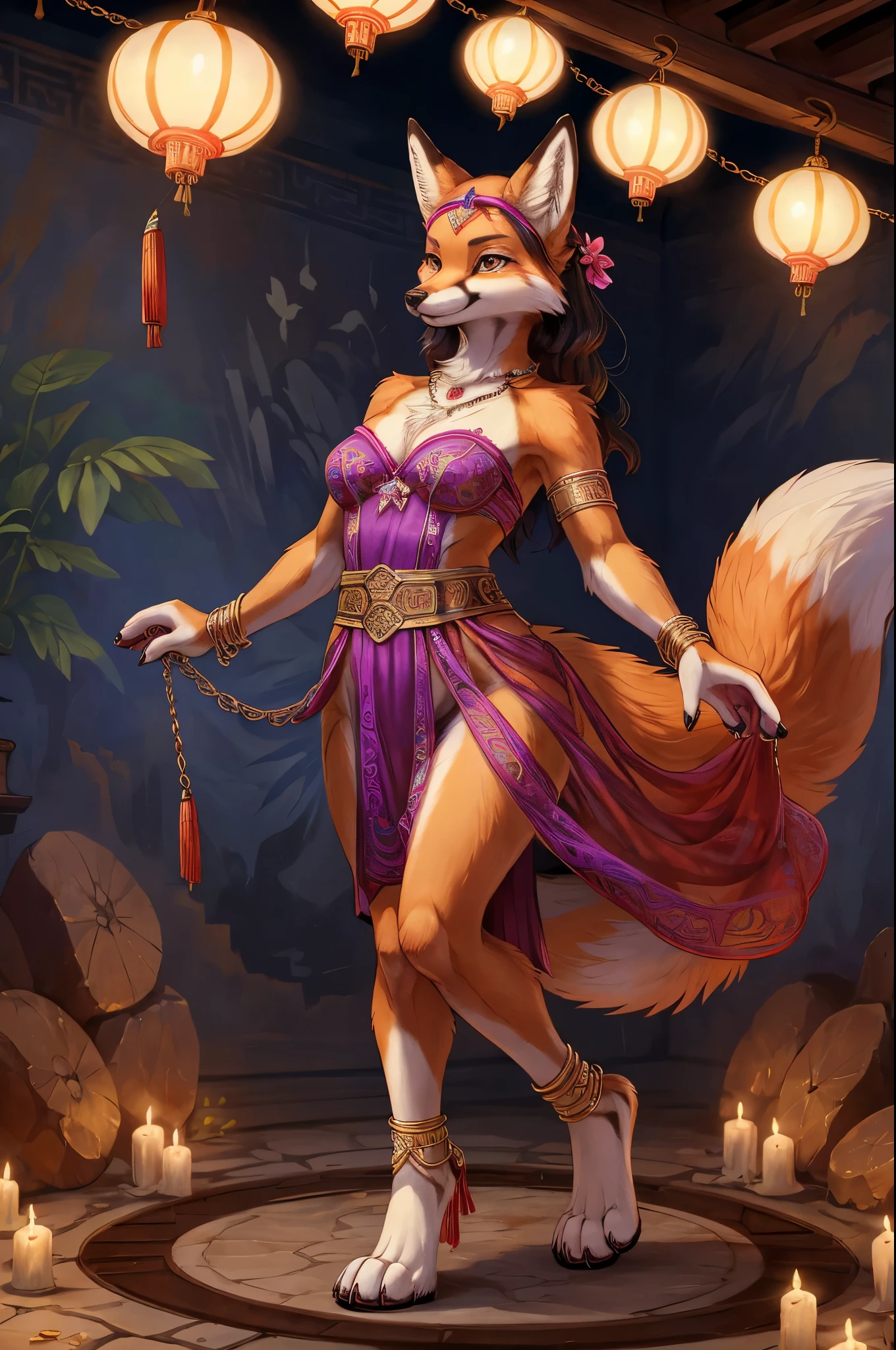 top quality, ancient Chinese beauty(highly detailed beautiful face and eyes)absurdres, perfect anatomy((beast woman, solo focus)) (((furry))) (furry anthro:1.7) ((((Furry body, fox facial features, fox body features)))) ((fox's muzzle, very detailed body fur))full body, dancing pose, gorgeous dress embroidered with intricate embroidery, transparent colorful ribbons tied around her arms, bare shoulders, open neck, wreath, black bun with flower hairpins Belts, armbands with streamers, necklaces, bracelets, anklets, metal chain tassels around the waist, Mogao Grottoes art, inspiration from Dunhuang Flying Apsaras murals, ink wash,