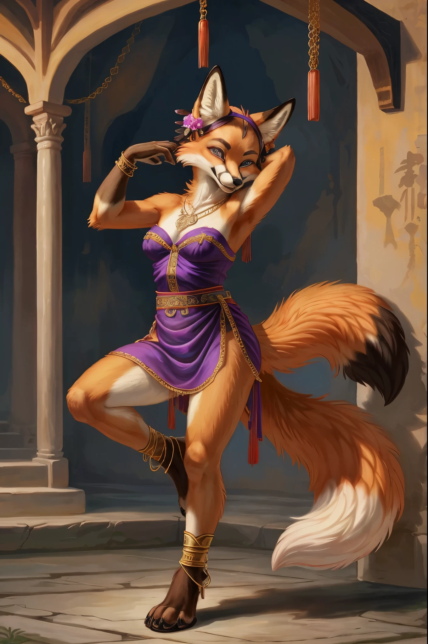 top quality, ancient Chinese beauty(highly detailed beautiful face and eyes)absurdres, perfect anatomy((beast woman, solo focus)) (((furry))) (furry anthro:1.7) ((((Furry body, fox facial features, fox body features)))) ((fox's muzzle, very detailed body fur))full body, dancing pose, gorgeous dress embroidered with intricate embroidery, transparent colorful ribbons tied around her arms, bare shoulders, open neck, wreath, black bun with flower hairpins Belts, armbands with streamers, necklaces, bracelets, anklets, metal chain tassels around the waist, Mogao Grottoes art, inspiration from Dunhuang Flying Apsaras murals, ink wash,