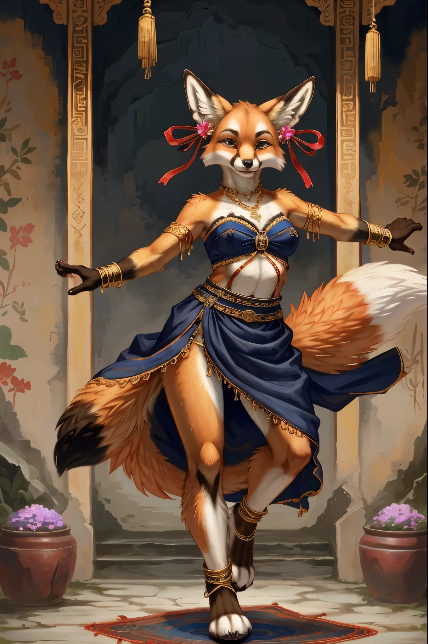 top quality, ancient Chinese beauty(highly detailed beautiful face and eyes)absurdres, perfect anatomy((beast woman, solo focus)) (((furry))) (furry anthro:1.7) ((((Furry body, fox facial features, fox body features)))) ((fox's muzzle, very detailed body fur))full body, dancing pose, gorgeous dress embroidered with intricate embroidery, transparent colorful ribbons tied around her arms, bare shoulders, open neck, wreath, black bun with flower hairpins Belts, armbands with streamers, necklaces, bracelets, anklets, metal chain tassels around the waist, Mogao Grottoes art, inspiration from Dunhuang Flying Apsaras murals, ink wash,