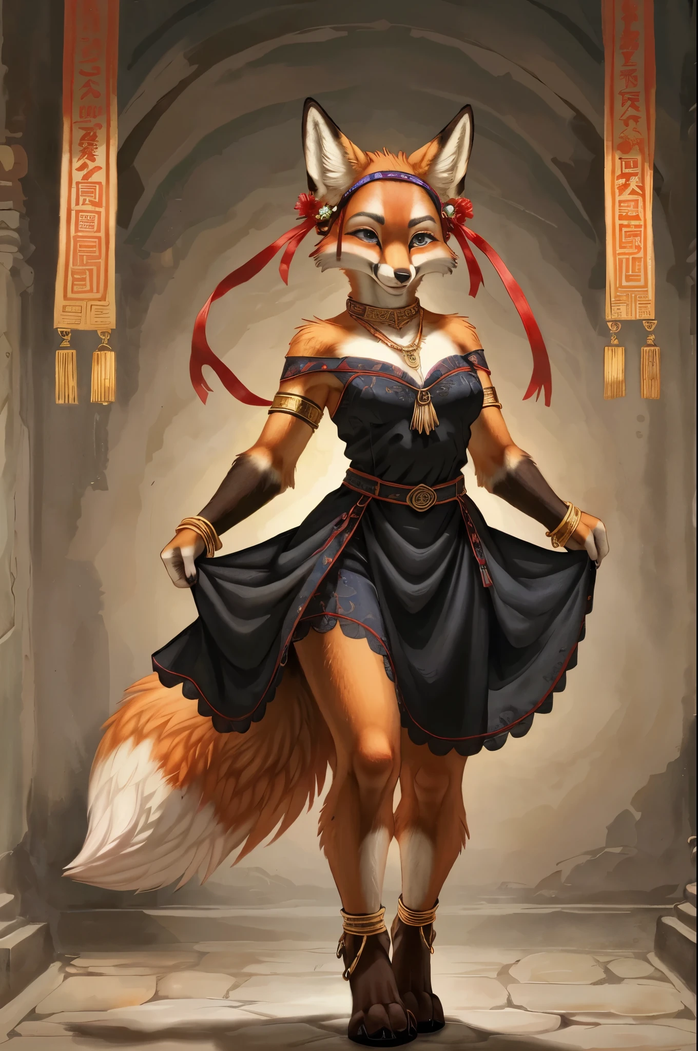 top quality, ancient Chinese beauty(highly detailed beautiful face and eyes)absurdres, perfect anatomy((beast woman, solo focus)) (((furry))) (furry anthro:1.7) ((((Furry body, fox facial features, fox body features)))) ((fox's muzzle, very detailed body fur))full body, dancing pose, gorgeous dress embroidered with intricate embroidery, transparent colorful ribbons tied around her arms, bare shoulders, open neck, wreath, black bun with flower hairpins Belts, armbands with streamers, necklaces, bracelets, anklets, metal chain tassels around the waist, Mogao Grottoes art, inspiration from Dunhuang Flying Apsaras murals, ink wash,