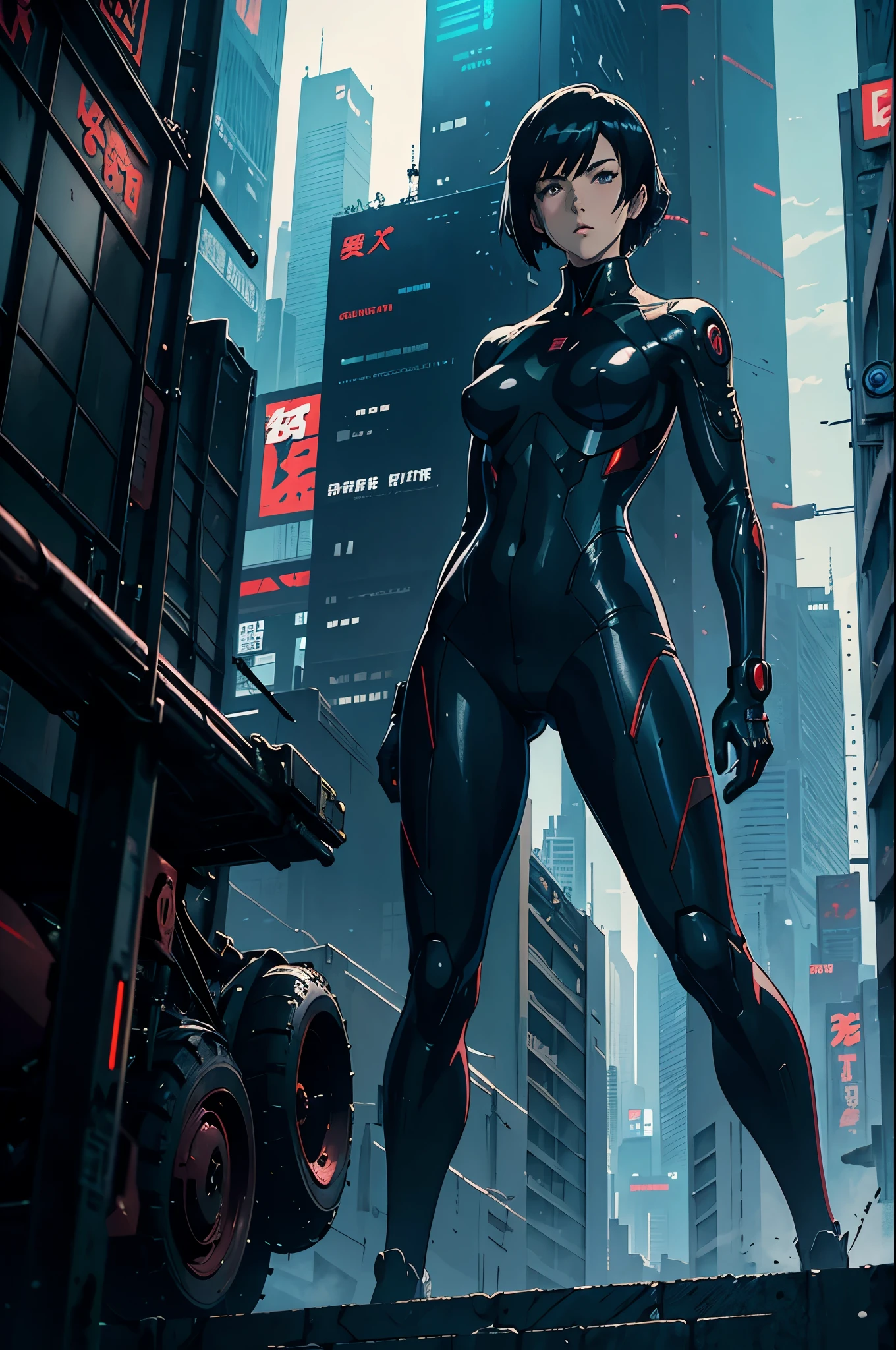 ghost in the shell in the style of 90's vintage anime, robotics, scifi, futuristic, surrealism, akira style, advance suit, detailed line art, fine details, greg rutkowski makoto shinkai kyoto animation key art feminine eye-level shot
