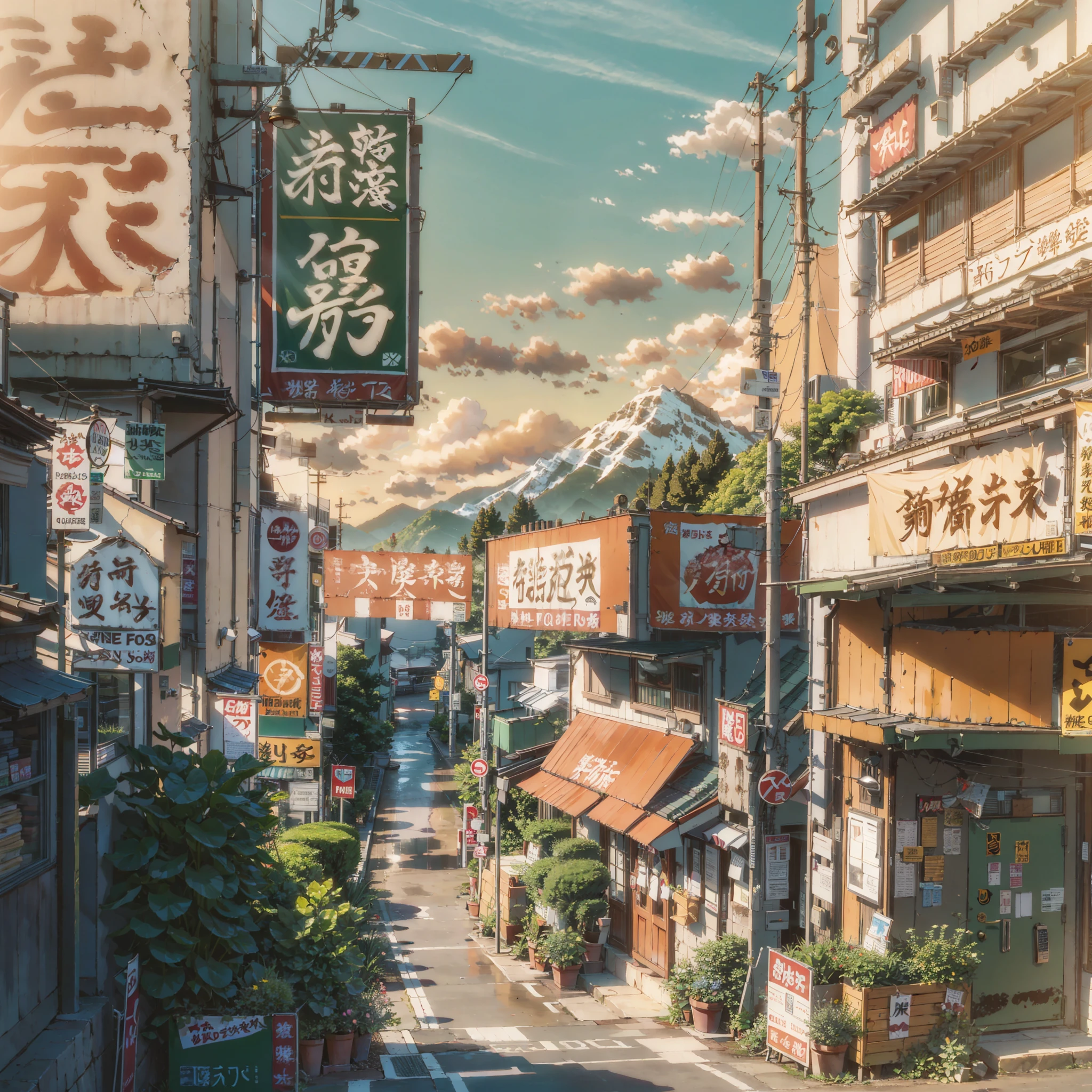 anime background, anime wallpaper, anime, anime style, lofi, lofi style, modern japanese street, mountains, uphill, modern japanese architecture, japanese convenience store, big retro japanese shop signs, retro japanese store, trees, plants, rocks, plant pots, shop signs, japanese banners, japanese signs, flags, sunrise, golden hour, golden lighting, empty street, no one in sight, (no one: 1), best quality