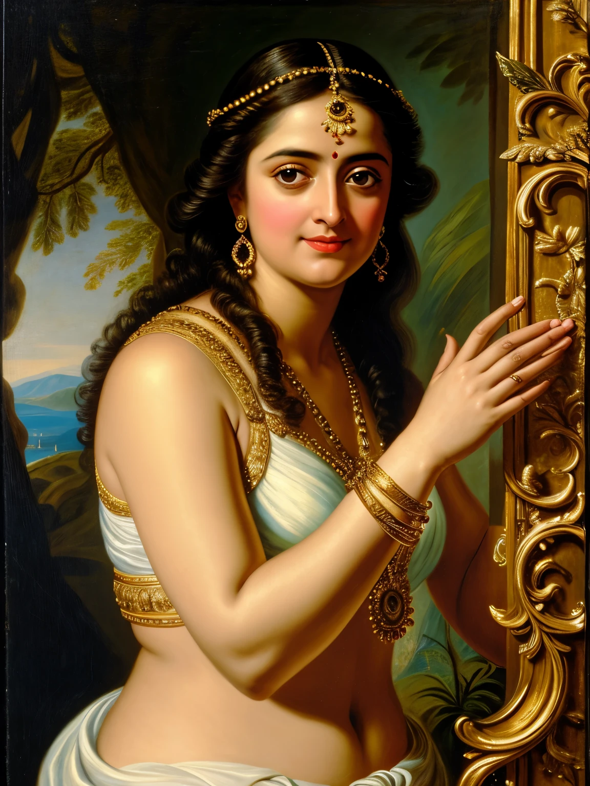 Looks like Anushka Shetty, Masterpiece, Best quality, high clarity eyes, critically flawless,sharp picture, Full portrait, High pixels, perfect face, perfect eyes, beautiful face, perfect hands,perfect fingers, in Peter Paul Rubens style, by Peter Paul Rubens, baroque style, acrylic on canvas, highly detailed, description: "Create a nymph inspired by the tales of Greek or Roman mythology, embodying the essence of a natural element or location, and possessing a unique ability or trait that sets her apart."