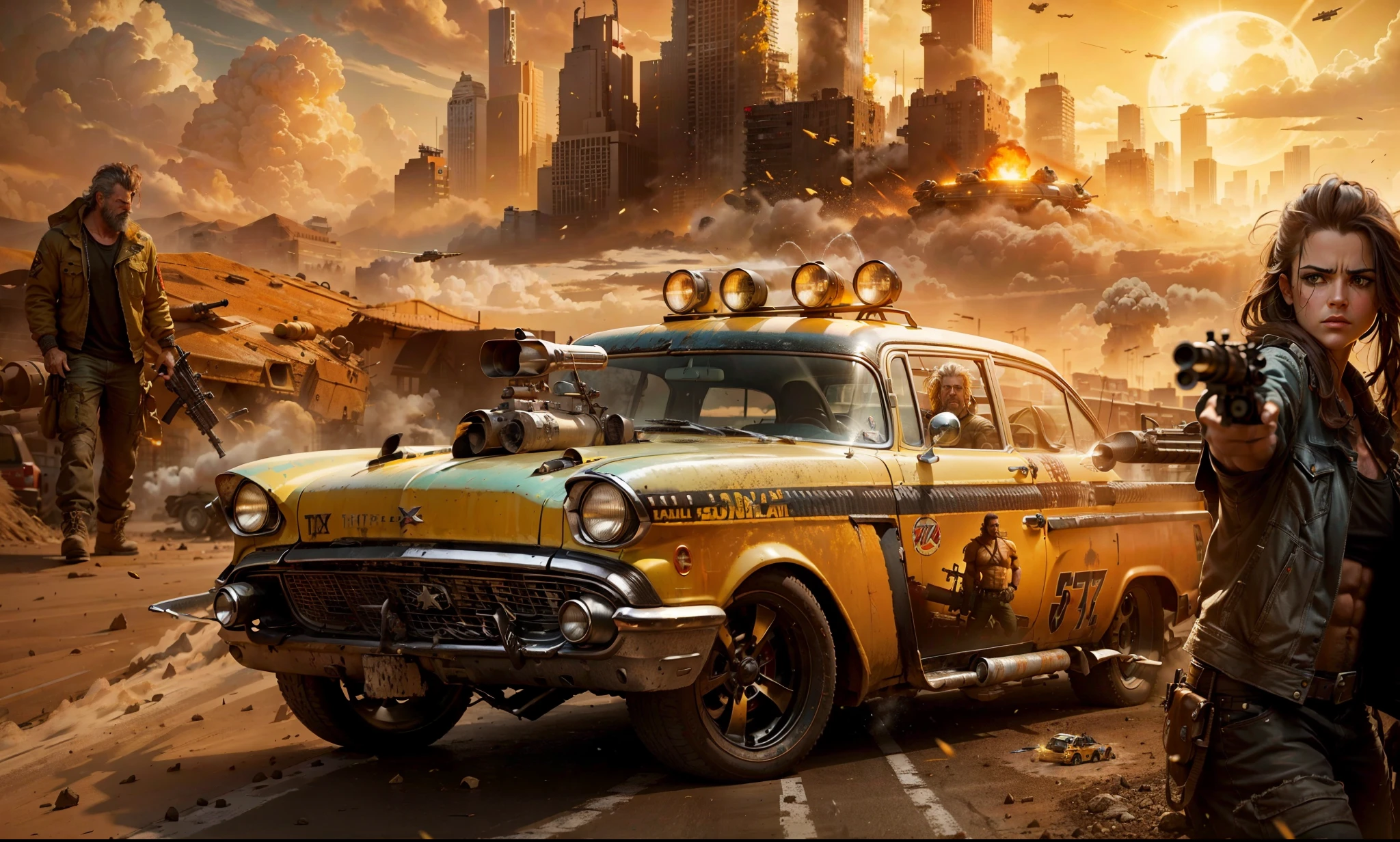 A grunge and deteriored YELLOW Chevy 57 TAXI transformed in a battle car with missiles and machine gun with an warrior man Mel Gibson in the left side holding a rifle and a warrior woman with a gun in the hands in the right side, in the background there's a huge city with a lot of shosts buildings and a large sun shining