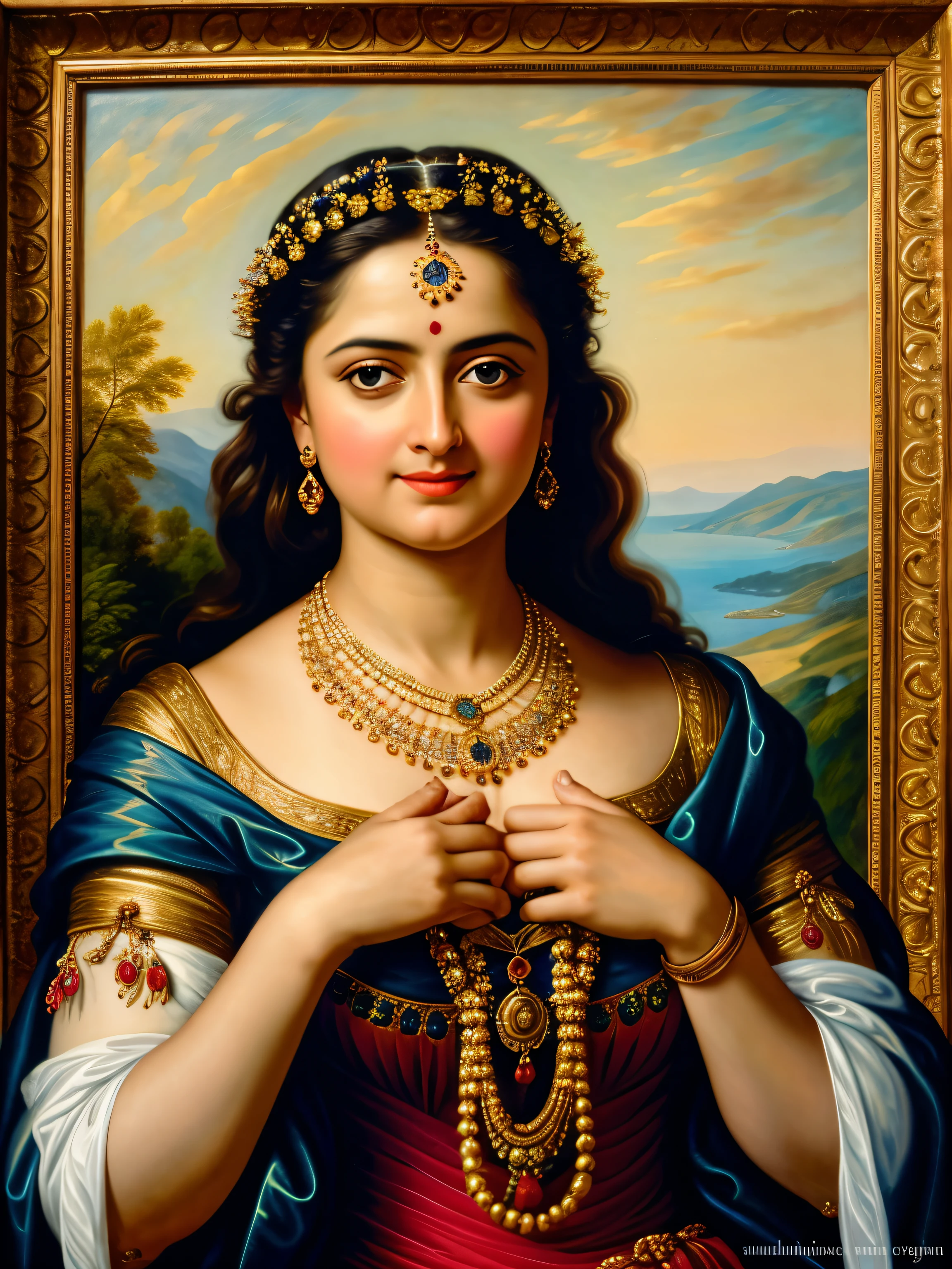 Looks like Anushka Shetty, Masterpiece, Best quality, high clarity eyes, critically flawless,sharp picture, Full portrait, High pixels, perfect face, perfect eyes, beautiful face, perfect hands,perfect fingers, in Peter Paul Rubens style, by Peter Paul Rubens, baroque style, acrylic on canvas, highly detailed, description: "Create a nymph inspired by the tales of Greek or Roman mythology, embodying the essence of a natural element or location, and possessing a unique ability or trait that sets her apart."