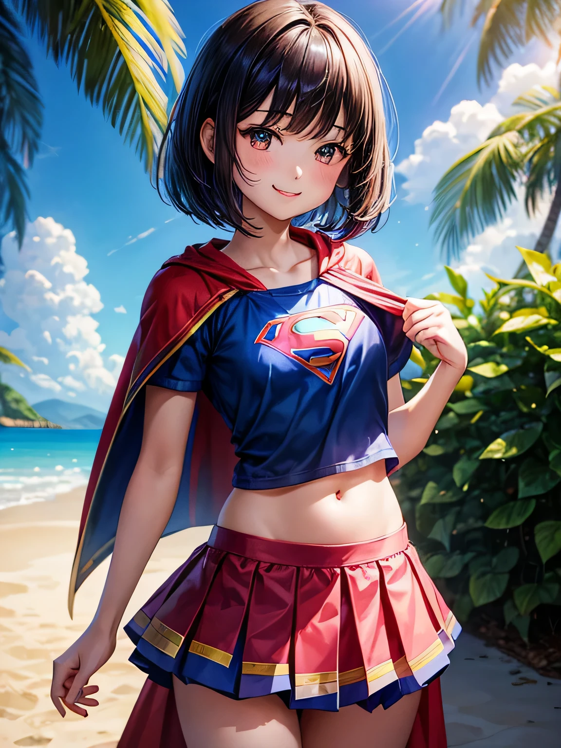 A very elementary school student is wearing Supergirl clotheasterpiece、highest quality、Spreading black hair、bob cut with trimmed ends、(flat chest)、lolicon、blue clothes、red cloak、short sleeve、belly button、many pink hearts、tropical beach、(whole body)、smile