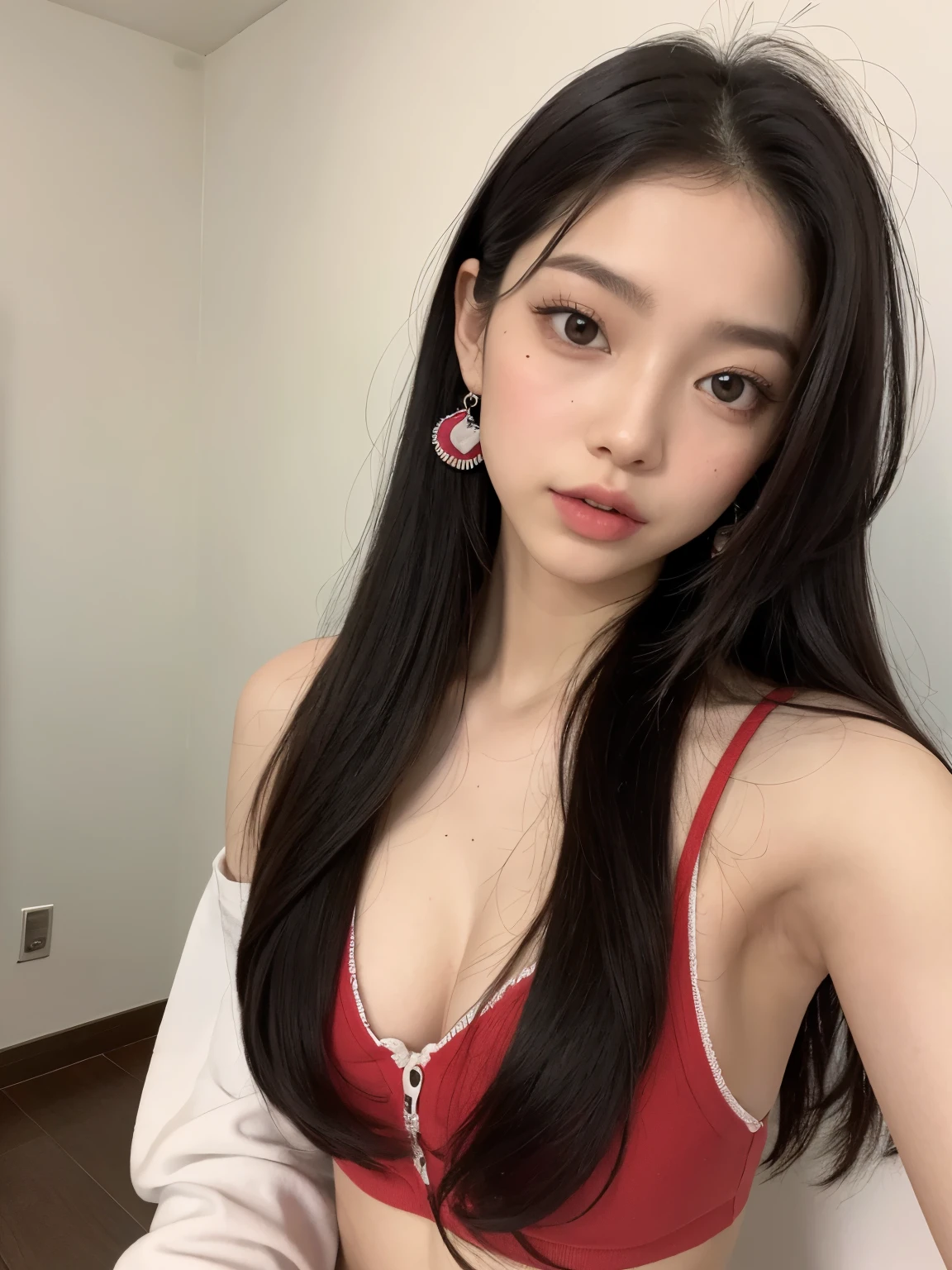 Kim Jennie de blackpink con el cabello rubio claro, cabello rubio con ondulado, cabello de color rubio ondulado, with small fringe, ojos color negro, nariz respingada y bonita, labios gruesos, cupid and heart shaped lips, labios rosas, pale and white skin, piel bonita y suave, con pecas y lunares, cejas bonitas, marked and beautiful collarbone, mientras tiene un polo con rosas color rojo tinto, rojo oscuro, con ropa interior femenina, abdomen delgado y bonito, escote desnudo, (pechos grandes, pechos suaves, pechos naturales, escote desnudo), mientras agarra una rosa, looking to the camera, selfie