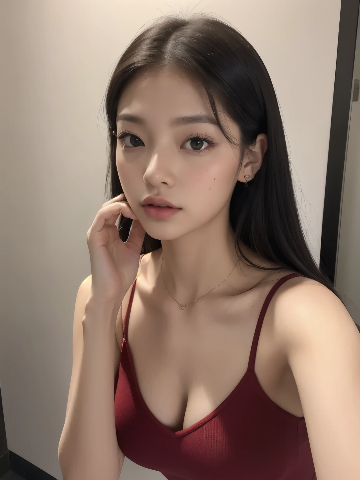 Kim Jennie de blackpink con el cabello rubio claro, cabello rubio con ondulado, cabello de color rubio ondulado, with small fringe, ojos color negro, nariz respingada y bonita, labios gruesos, cupid and heart shaped lips, labios rosas, pale and white skin, piel bonita y suave, con pecas y lunares, cejas bonitas, marked and beautiful collarbone, mientras tiene un polo con rosas color rojo tinto, rojo oscuro, con ropa interior femenina, sentada, mientras se encuentra sentada, while a man&#39;s hand is grabbing her chin, a man&#39;s hand grabbing his chin, mientras Kim Jennie se encuentra sentada, escote desnudo, (pechos grandes, pechos suaves, pechos naturales, escote desnudo), mientras agarra una rosa,  looking to the camera, selfie