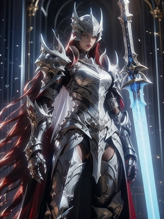 Character design, 1 girl,, slim body, medium chest, skinny waist, ((long deep red hair)). blue eyes. (((white fantasy a female knight in a full armor))), (((big pauldrons, intricate details))), (((large black cape))), (((advanced weapon fantasy plasma sword in right hand))), (standing), in a walled city, masterpiece, HD high quality, 8K ultra high definition, ultra definition,