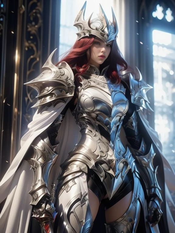 Character design, 1 girl,, slim body, medium chest, skinny waist, ((long deep red hair)). blue eyes. (((white fantasy a female knight in a full armor))), (((big pauldrons, intricate details))), (((large black cape))), (((advanced weapon fantasy plasma sword in right hand))), (standing), in a walled city, masterpiece, HD high quality, 8K ultra high definition, ultra definition,