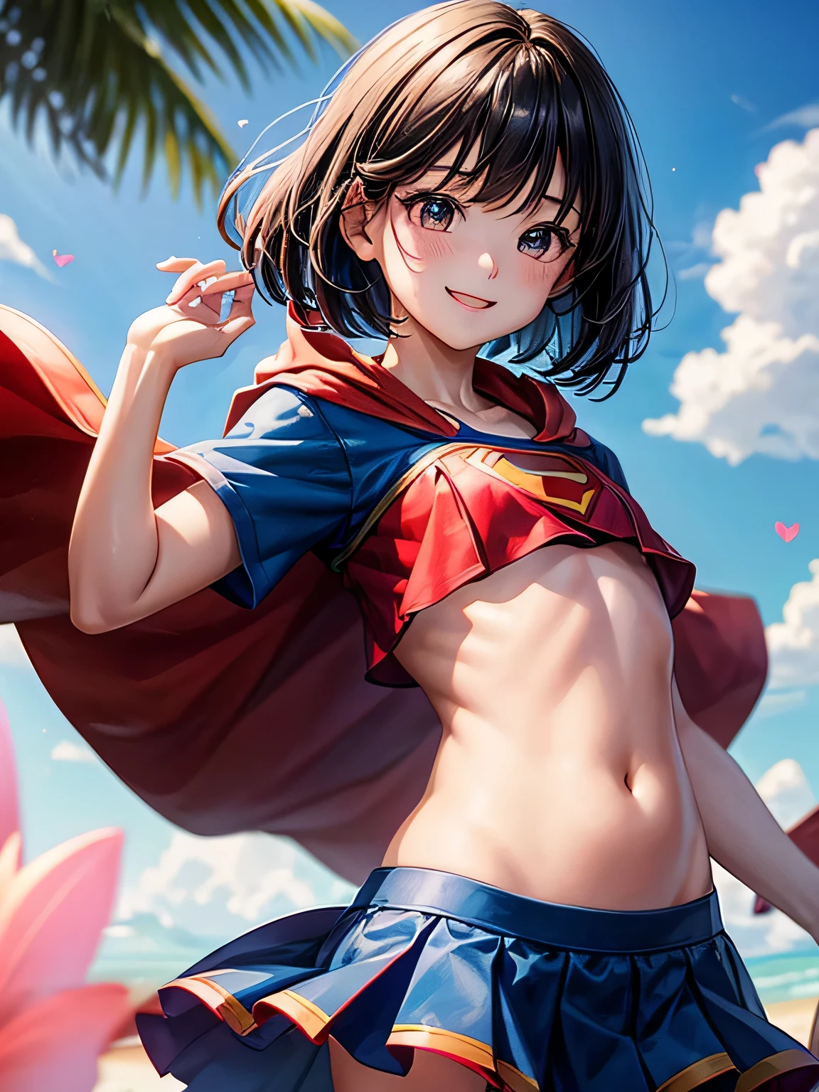 A very elementary school student is wearing Supergirl clotheasterpiece、highest quality、Spreading black hair、bob cut with trimmed ends、(flat chest)、lolicon、blue clothes、red cloak、short sleeve、belly button、many pink hearts、tropical beach、(whole body)、smile