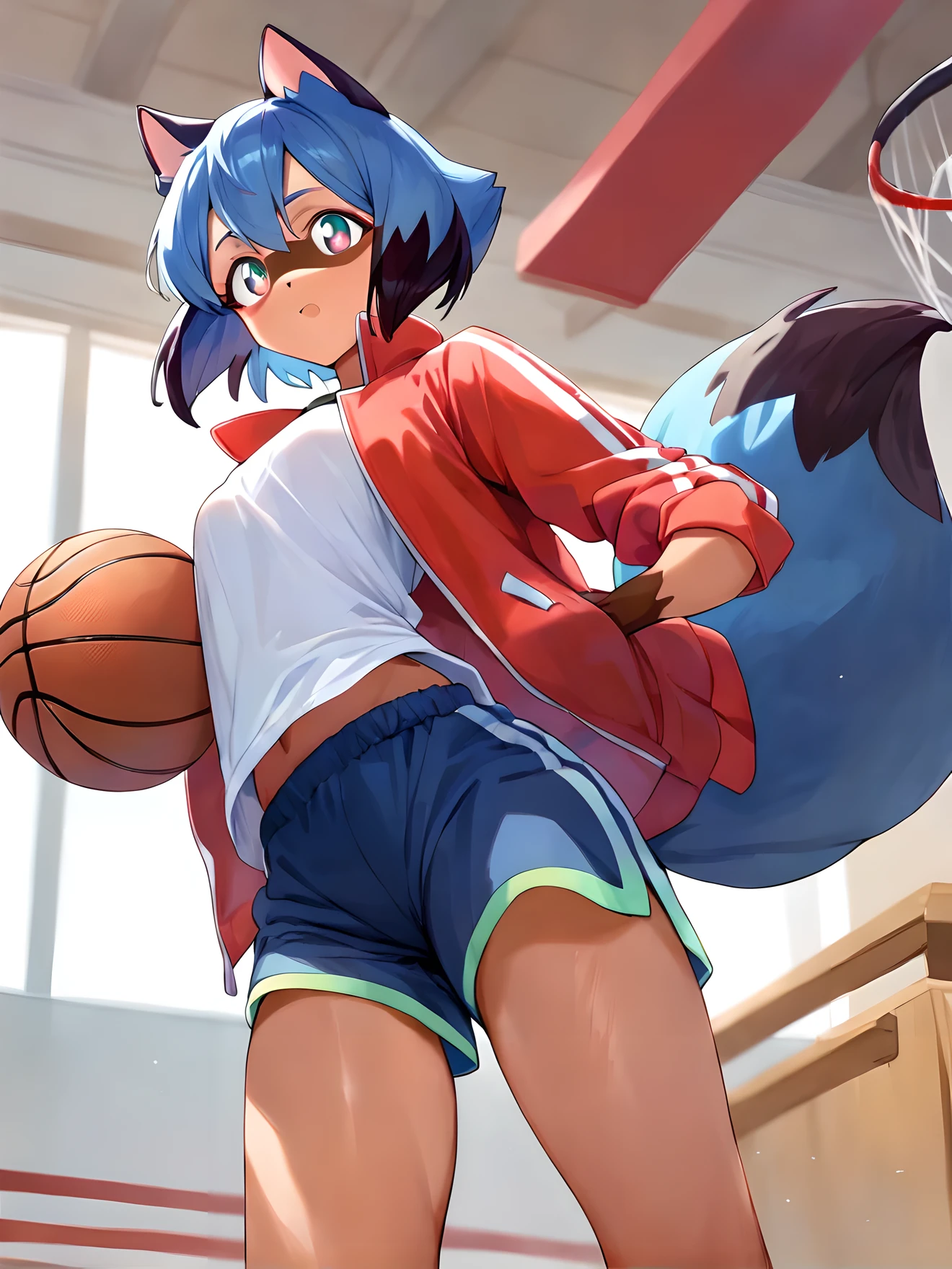 punctuation_8_acima, 1 garota, Kagemori Michiru, blue shorts, jaqueta vermelha, camisa branca, segurando basquete, Dentro de casa, profundidade de campo,