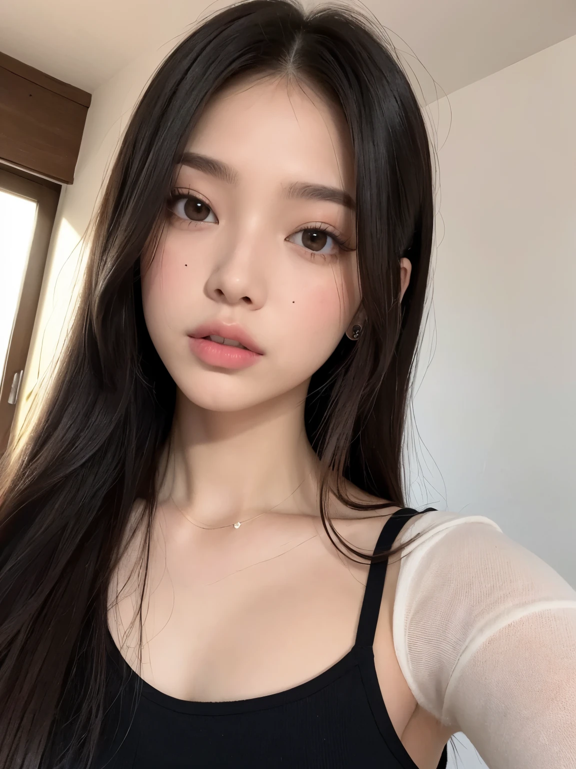 Kim Jennie de blackpink con el cabello rubio claro, cabello rubio con ondulado, cabello de color rubio ondulado, with small fringe, ojos color negro, nariz respingada y bonita, labios gruesos, cupid and heart shaped lips, labios rosas, pale and white skin, piel bonita y suave, con pecas y lunares, cejas bonitas, marked and beautiful collarbone, mientras tiene un polo con rosas color rojo tinto, rojo oscuro, con ropa interior femenina, abdomen delgado y bonito, escote desnudo, (pechos grandes, pechos suaves, pechos naturales, escote desnudo), mientras agarra una rosa, looking to the camera, selfie