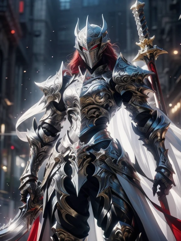 Character design, 1 girl,, slim body, medium chest, skinny waist, ((long deep red hair)). blue eyes. (((white fantasy a female knight in a full armor))), (((big pauldrons, intricate details))), (((large black cape))), (((advanced weapon fantasy plasma sword in right hand))), (standing), in a walled city, masterpiece, HD high quality, 8K ultra high definition, ultra definition,