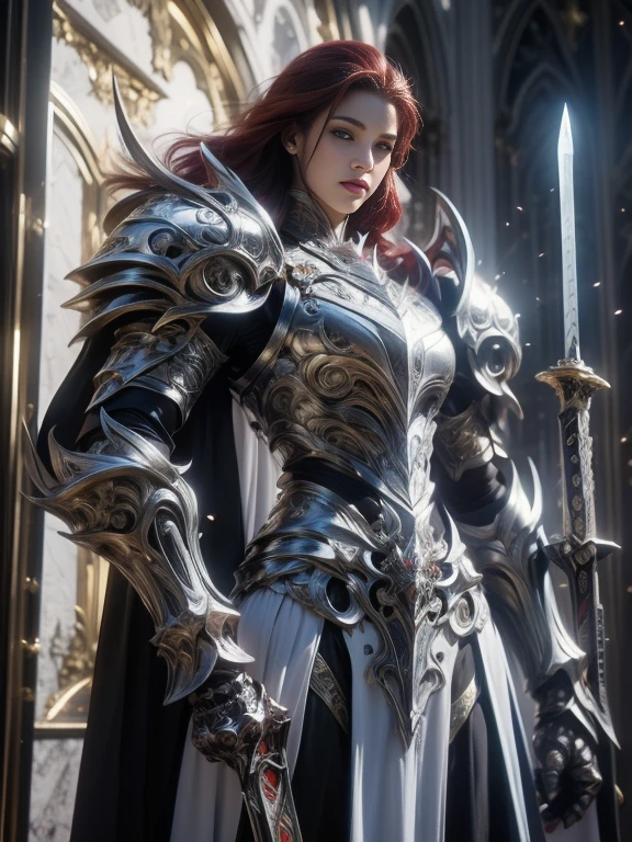 Character design, 1 girl,, slim body, medium chest, skinny waist, ((long deep red hair)). blue eyes. (((white fantasy a female knight in a full armor))), (((big pauldrons, intricate details))), (((large black cape))), (((advanced weapon fantasy plasma sword in right hand))), (standing), in a walled city, masterpiece, HD high quality, 8K ultra high definition, ultra definition,