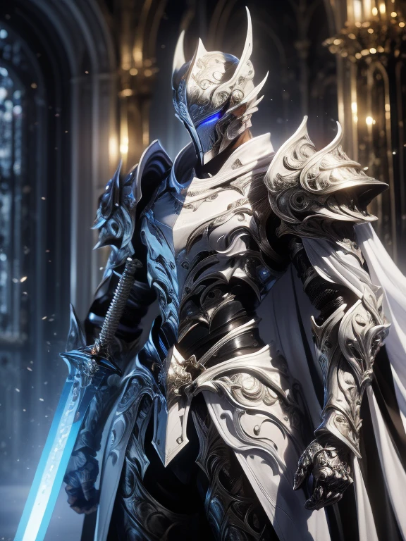 Character design, 1 girl,, slim body, medium chest, skinny waist, ((long deep red hair)). blue eyes. (((white fantasy a female knight in a full armor))), (((big pauldrons, intricate details))), (((large black cape))), (((advanced weapon fantasy plasma sword in right hand))), (standing), in a walled city, masterpiece, HD high quality, 8K ultra high definition, ultra definition,
