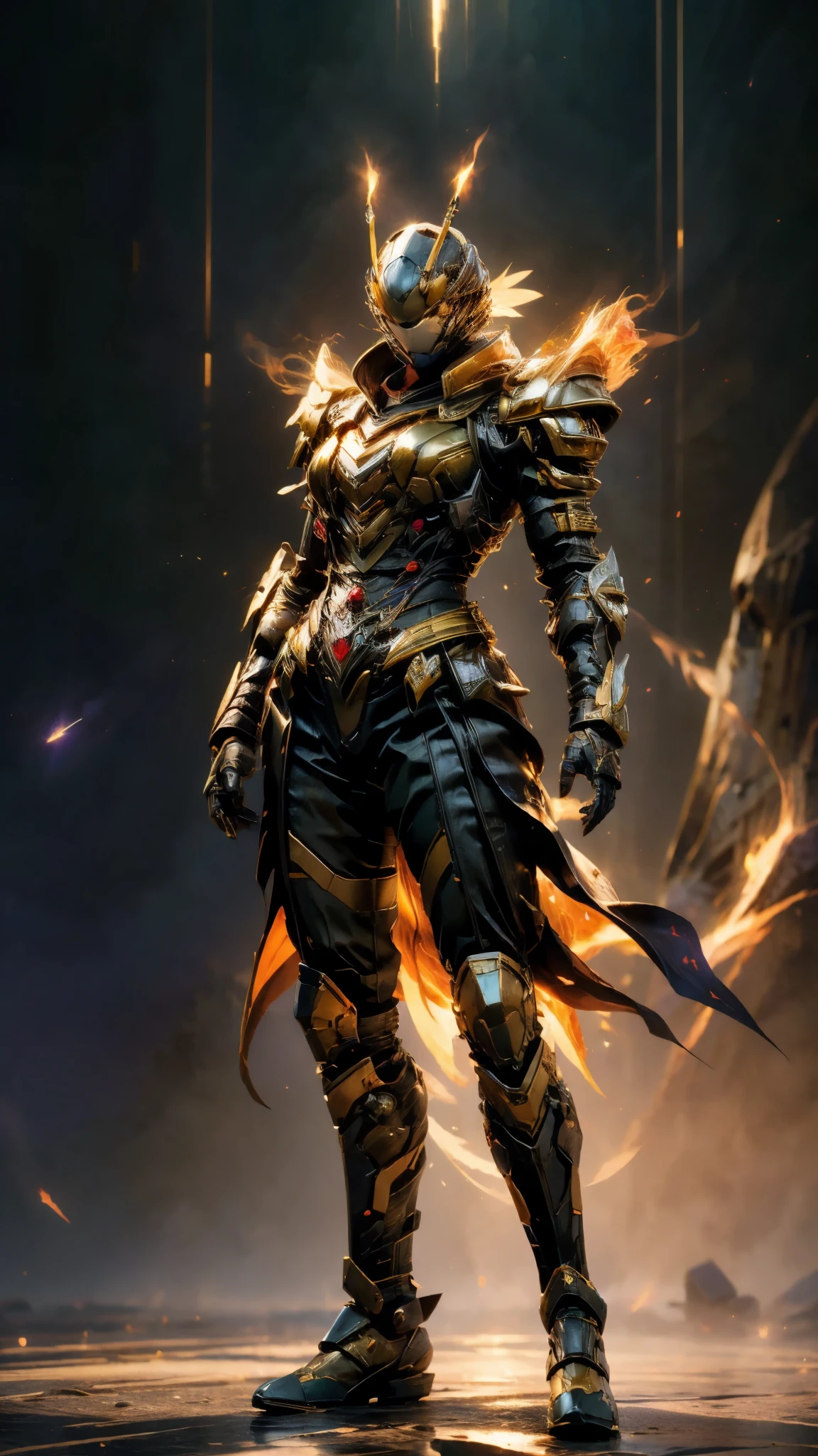 A woman adorned in fantasy-style full-body armor, a crown-concept fully enclosed helmet that unveils only her eyes, a composite layered chest plate, fully encompassing shoulder and hand guards, a lightweight waist armor, form-fitting shin guards, the overall design is heavy-duty yet flexible, ((the armor gleams with a golden glow, complemented by red and blue accents)), exhibiting a noble aura, she floats above a fantasy-surreal high-tech city, this character embodies a finely crafted fantasy-surreal style armored hero in anime style, exquisite and mature manga art style, (mixture of Queen bee and Spider concept Armor, plasma, blood), ((Element, energy, elegant, goddess, femminine:1.5)), metallic, high definition, best quality, highres, ultra-detailed, ultra-fine painting, extremely delicate, professional, anatomically correct, symmetrical face, extremely detailed eyes and face, high quality eyes, creativity, RAW photo, UHD, 32k, Natural light, cinematic lighting, masterpiece-anatomy-perfect, masterpiece:1.5