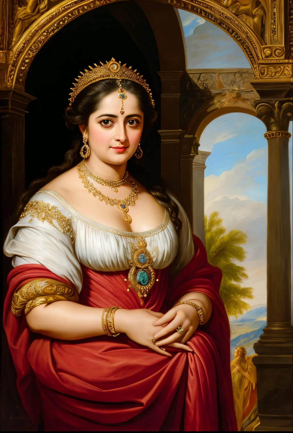 Looks like Anushka Shetty, Masterpiece, Best quality, high clarity eyes, beautifully styled hair, critically flawless,sharp picture, Full portrait, High pixels, perfect face, perfect eyes, beautiful face, perfect hands,perfect fingers, in Peter Paul Rubens style, by Peter Paul Rubens, baroque style, acrylic on canvas, highly detailed, description: "Create a nymph inspired by the tales of Greek or Roman mythology, embodying the essence of a natural element or location, and possessing a unique ability or trait that sets her apart."