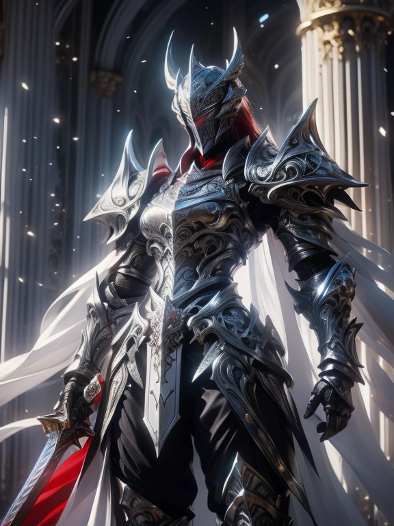 Character design, 1 girl,, slim body, medium chest, skinny waist, ((long deep red hair)). blue eyes. (((white fantasy a female knight in a full armor))), (((big pauldrons, intricate details))), (((large black cape))), (((advanced weapon fantasy plasma sword in right hand))), (standing), in a walled city, masterpiece, HD high quality, 8K ultra high definition, ultra definition,