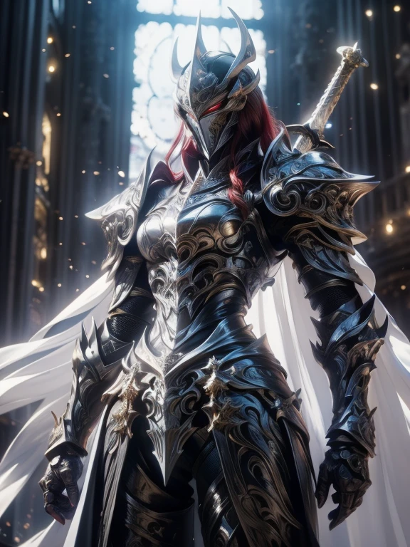 Character design, 1 girl,, slim body, medium chest, skinny waist, ((long deep red hair)). blue eyes. (((white fantasy a female knight in a full armor))), (((big pauldrons, intricate details))), (((large black cape))), (((advanced weapon fantasy plasma sword in right hand))), (standing), in a walled city, masterpiece, HD high quality, 8K ultra high definition, ultra definition,