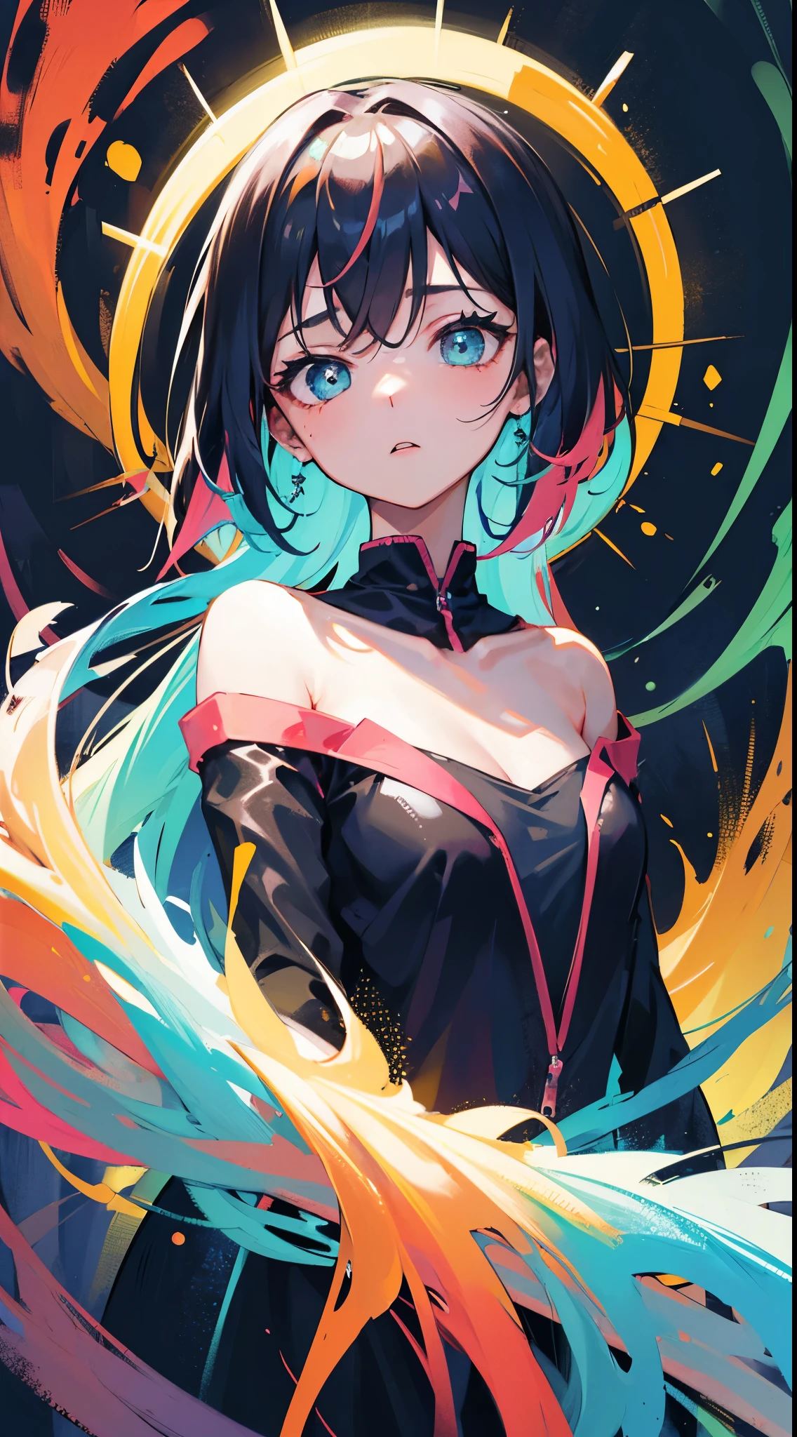 ((MASTERPIECE)), ((BEST QUALITY)), ((HIGH RES)), ((CINEMATIC LIGHTING)), high detailed face, perfect hands, (high detailed background), HD shadows, female, (((cute))), beautiful hd background, ((cinematic light)), hyper detail, dark atmosphere, upper body, (one girl), multicolored hair, glowing eyes, heterochromia, face focus, dynamic angle, (eyes focus), rainbow eyes, black halo, (((big breast))), lights, limited palette, shadows, masterpiece portrait, long hair, space, dark star, cosmic dust, dark skin, golden strikes, red sparkles, blue lightning, cosmic background, blur