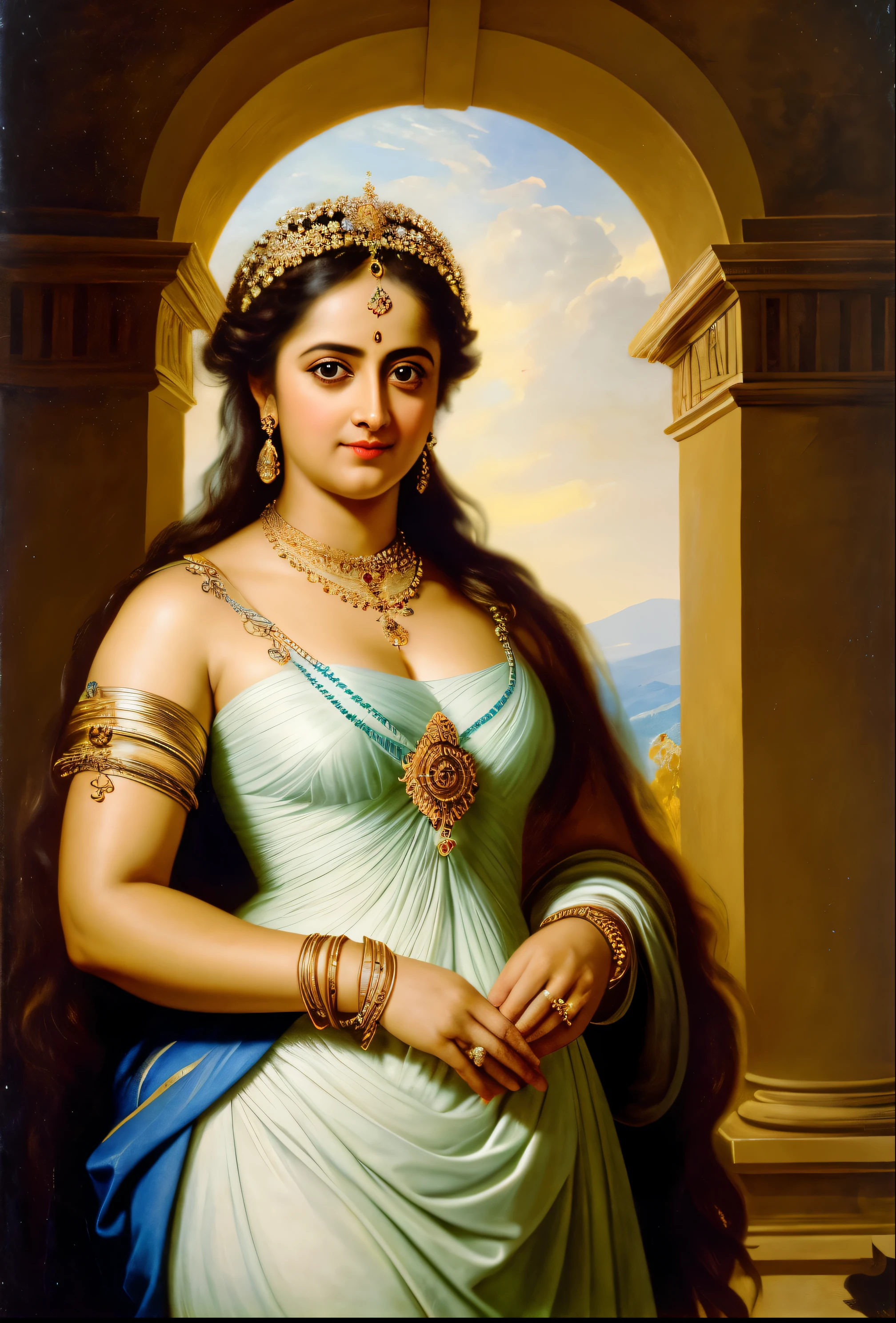 Looks like Anushka Shetty, Masterpiece, Best quality, high clarity eyes, beautifully styled hair, critically flawless,sharp picture, Full portrait, High pixels, perfect face, perfect eyes, beautiful face, perfect hands,perfect fingers, in Peter Paul Rubens style, by Peter Paul Rubens, baroque style, acrylic on canvas, highly detailed, description: "Create a nymph inspired by the tales of Greek or Roman mythology, embodying the essence of a natural element or location, and possessing a unique ability or trait that sets her apart."