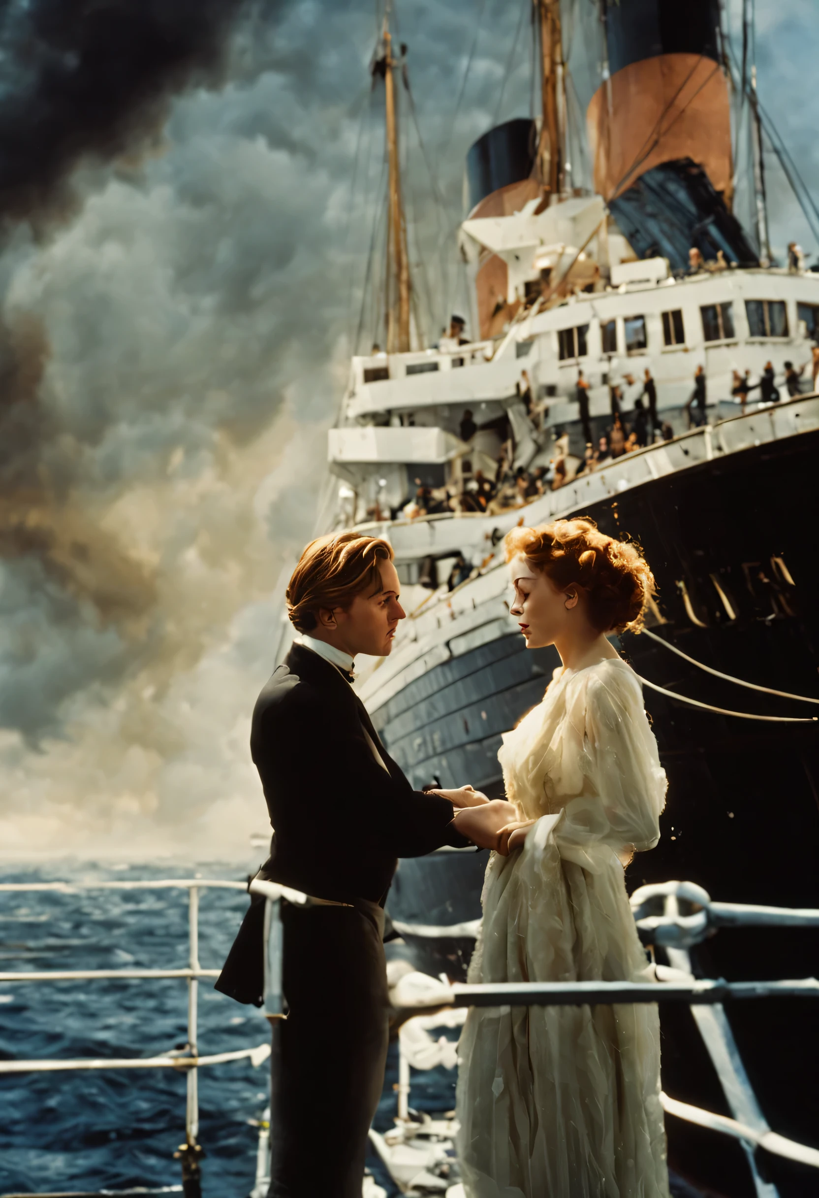 Titanic movie stills, dramatic, surreal, photo, color, romantic attention, 70mm lens, Dynamic