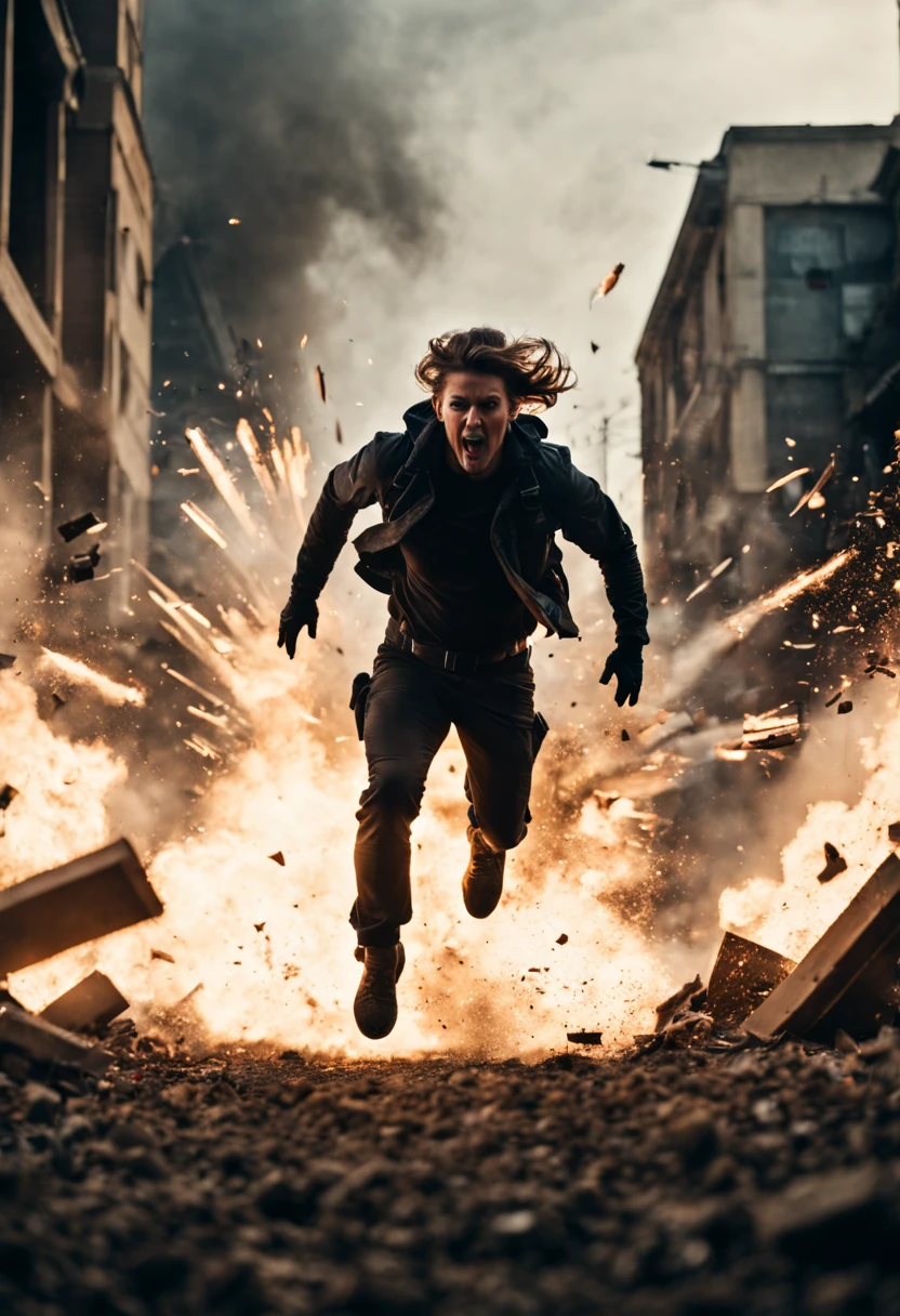 cinematic film still {A film shot capturing a climactic moment in an action sequence, realistic explosion and debris flying, hero in mid-leap, high-stakes tension, shot with a Canon EOS R8, Wide angle lens} . shallow depth of field, vignette, highly detailed, high budget, bokeh, cinemascope, moody, epic, gorgeous, film grain, grainy