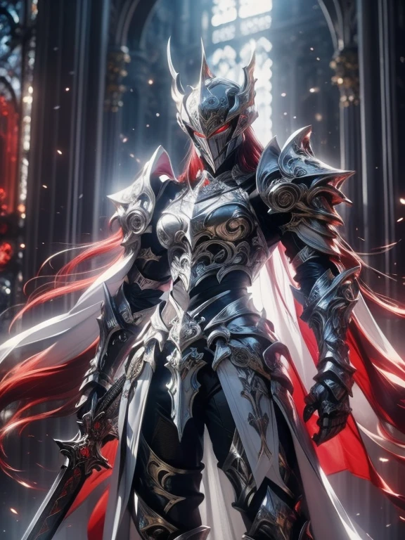 Character design, 1 girl,, slim body, medium chest, skinny waist, ((long deep red hair)). blue eyes. (((white fantasy a female knight in a full armor))), (((big pauldrons, intricate details))), (((large black cape))), (((advanced weapon fantasy plasma sword in right hand))), (standing), in a walled city, masterpiece, HD high quality, 8K ultra high definition, ultra definition,
