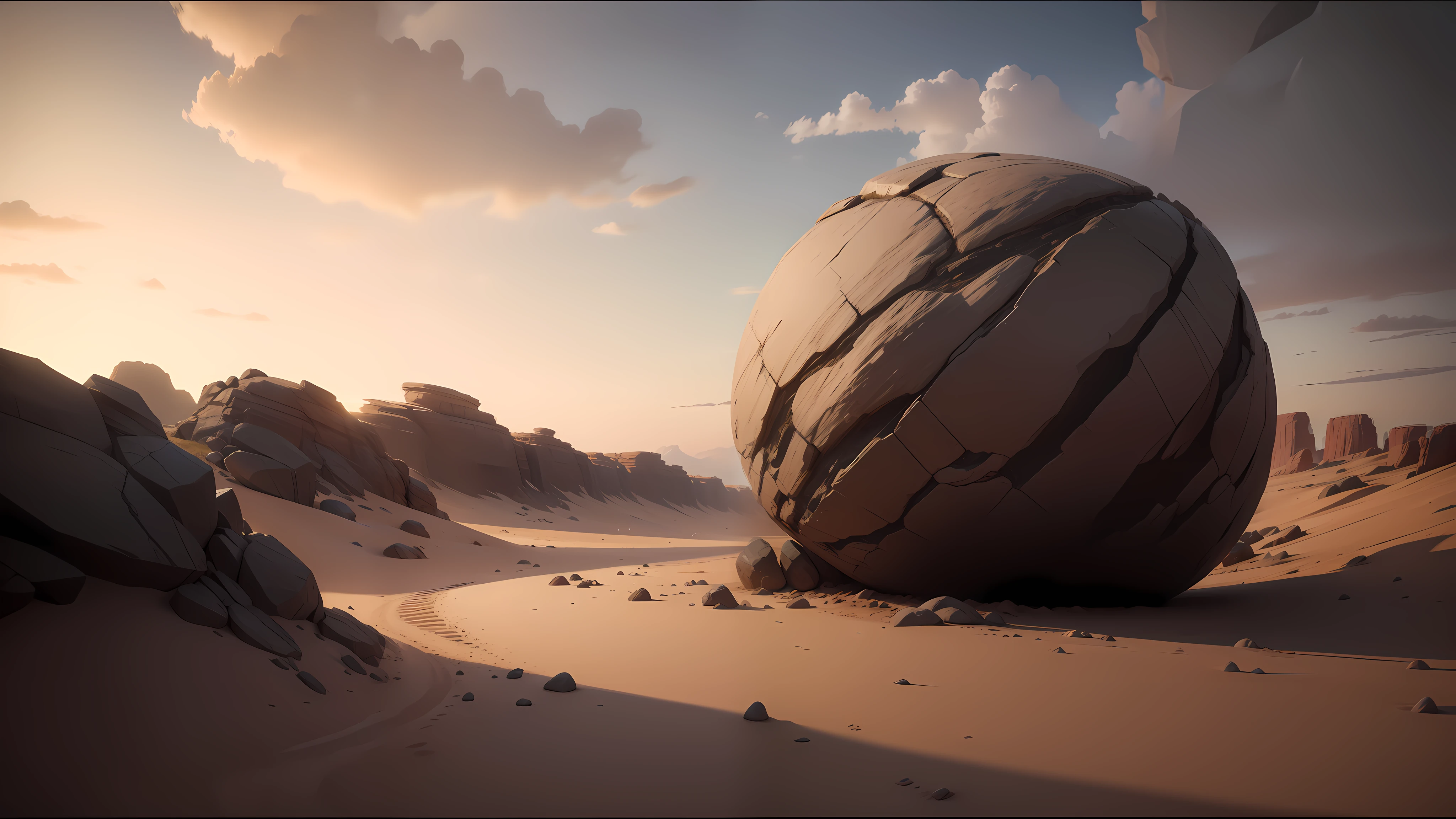 there is a large rock sitting on top of a sandy beach, unreal engine 5 », winning award image, jodorowky's dune movie, car commercial photograph, sisyphus compostition, by Matthias Weischer, inspired by Jan Victors, anamorphic, from lorax movie, cracked earth, from a 2 0 1 9 sci fi 8 k movie --auto --s2