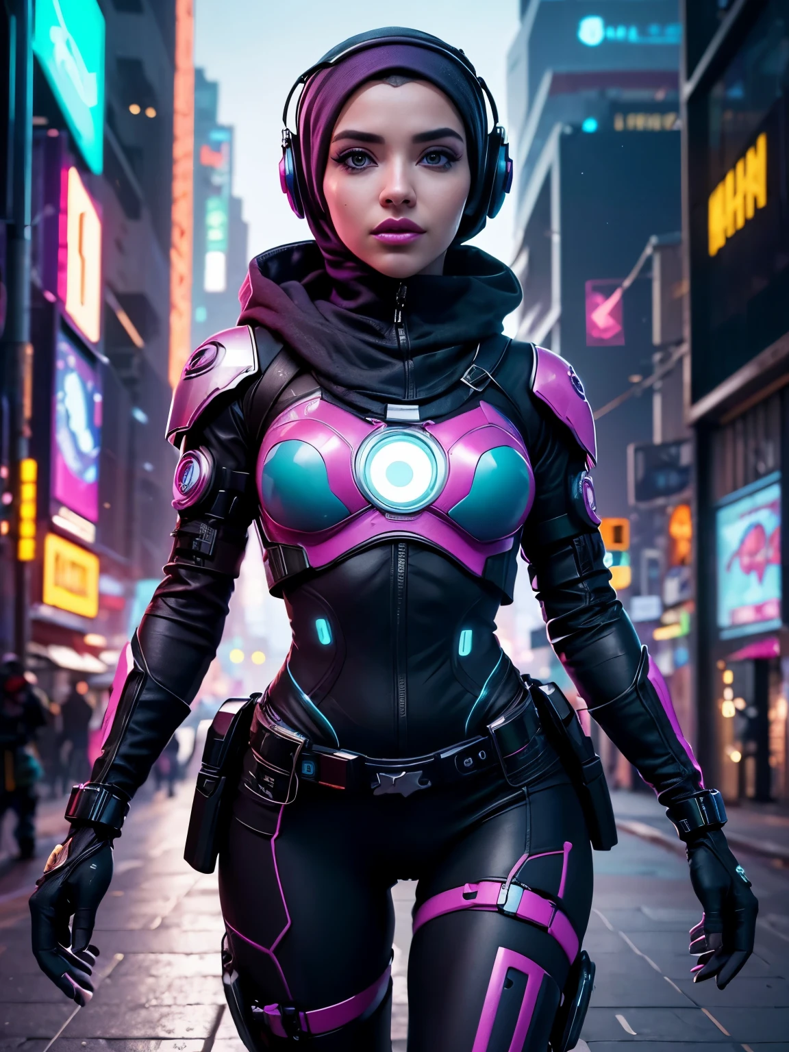 (Photorealistic:1.4) image of a cyber punk girl in hijab, (top-quality, 8K, 32K, masterpiece), (dynamic pose), ((facing camera)), (looking at camera), cowboy shot, shapeless hijab, colorful hijab, colorful cyberpunk clothing, depth of field f/1.8, cyberpunk city background, cinematic lighting.