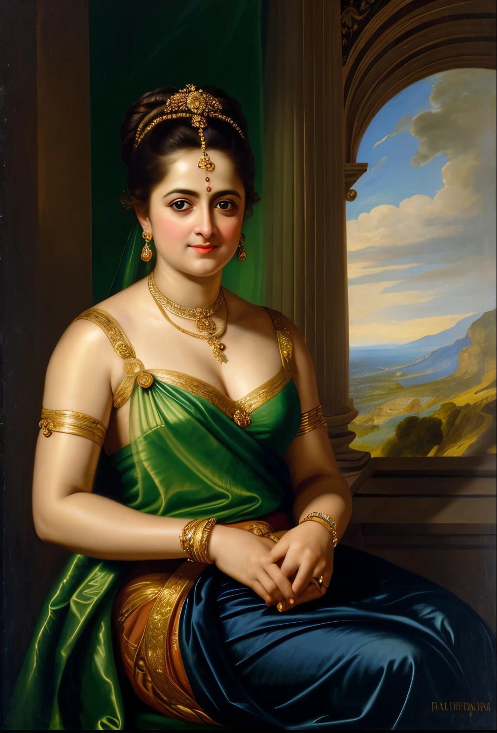 Looks like Anushka Shetty, Masterpiece, Best quality, high clarity eyes, beautifully styled hair, critically flawless,sharp picture, Full portrait, High pixels, perfect face, perfect eyes, beautiful face, perfect hands,perfect fingers, in Peter Paul Rubens style, by Peter Paul Rubens, baroque style, acrylic on canvas, highly detailed, description: "Create a nymph inspired by the tales of Greek or Roman mythology, embodying the essence of a natural element or location, and possessing a unique ability or trait that sets her apart."