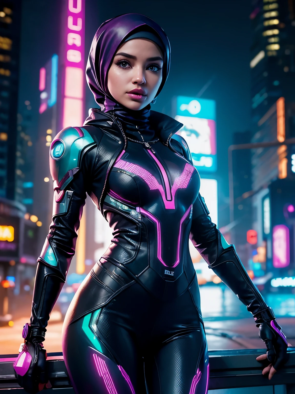 (Photorealistic:1.4) image of a cyber punk girl in hijab, (top-quality, 8K, 32K, masterpiece), (dynamic pose), ((facing camera)), (looking at camera), cowboy shot, shapeless hijab, colorful hijab, colorful cyberpunk clothing, depth of field f/1.8, cyberpunk city background, cinematic lighting.