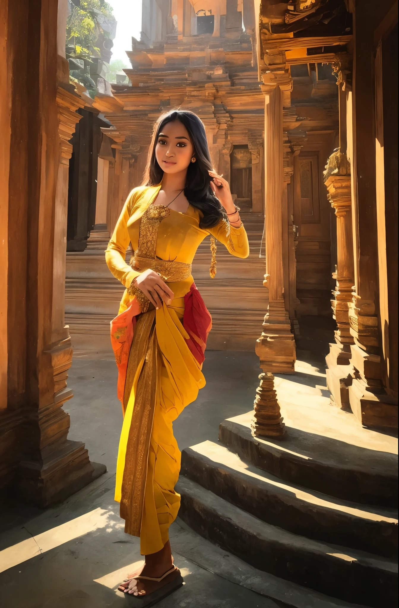 An image of a captivating Balinese girl, her radiant features illuminated by the golden light of the Majapahit palace, singing with soul-stirring passion amidst the ancient architecture, rendered in stunning detail and ultra-realistic 10k resolution, in the style of traditional oil painting, watercolor, and pastel, reminiscent of the masterpieces of Impressionism, Cubism, and Surrealism.