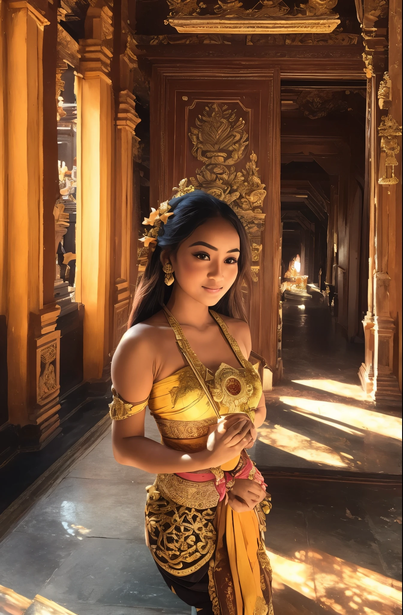 An image of a captivating Balinese girl, her radiant features illuminated by the golden light of the Majapahit palace, singing with soul-stirring passion amidst the ancient architecture, rendered in stunning detail and ultra-realistic 10k resolution, in the style of traditional oil painting, watercolor, and pastel, reminiscent of the masterpieces of Impressionism, Cubism, and Surrealism.