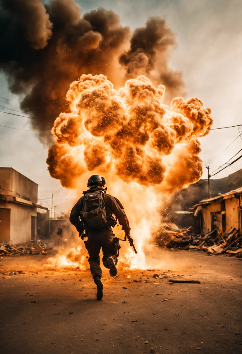 cinematic film still {A film shot capturing a climactic moment in an action sequence, realistic explosion and debris flying, hero in mid-leap, high-stakes tension, shot with a Canon EOS R8, Wide angle lens} . shallow depth of field, vignette, highly detailed, high budget, bokeh, cinemascope, moody, epic, gorgeous, film grain, grainy