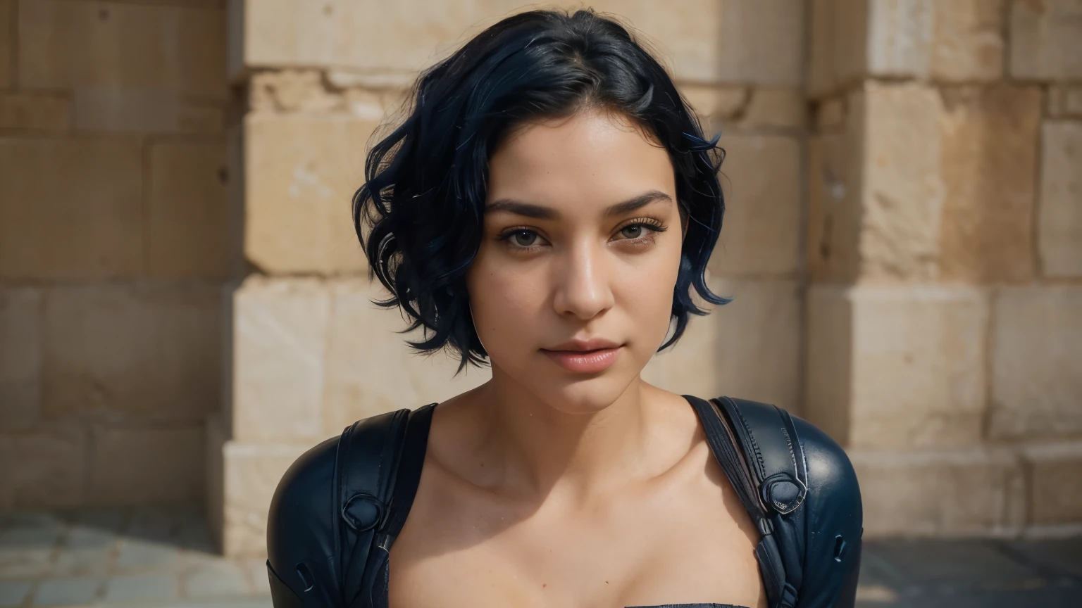 Breathtaking cinematic photo of a 30 year old girl with dark blue hair and Brown eyes, happy, cheerful facial expression, closed mouth, Beautiful lips, complex parts, shallow depth of field, very detailed, high budget, epic Hollywood movie, Fabulous, Masterpiece, award-winning, professional, very detailed, Detailed leather texture, (blush: 0.5), (goosebumps: 0.5). (the most Beautiful woman in the world) (dark blue hair) (short curly hair, wild hair, stylish cut) thin face, thin nose, Beautiful, very Beautiful, Ideal face, Slim body (Slim), (Brown hair) (Brown eyes ) (White skin) beautiful body, western wall, predatory eyes, Pink lips, thick thighs. whole body, western beauty, thin nose, Beautiful, Ideal, ((Best quality)), ((Ultra resolution)), ((Photorealistic: 1.4)), (complex parts), Ideal face, Compose: 1.5 , clean face, facial details. foreground ((uniform, tactical suit, agent costume, a spy)) nose ring