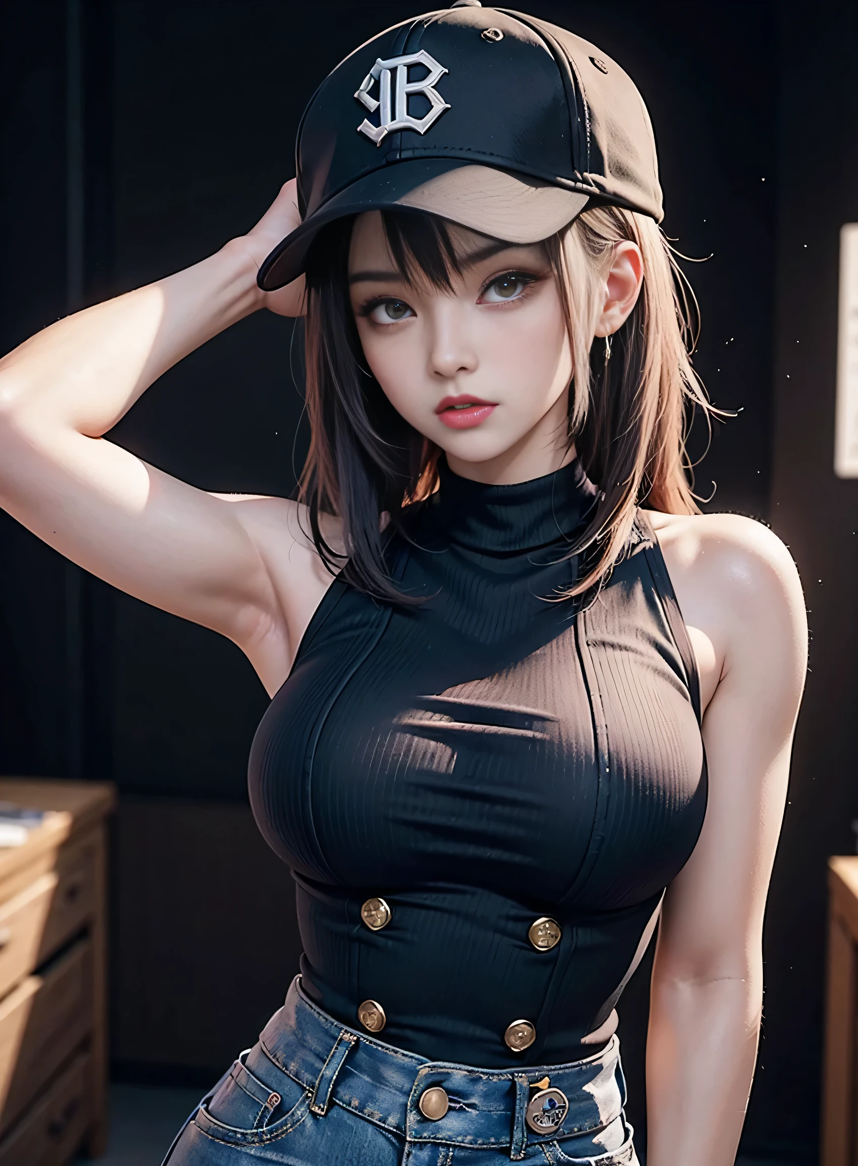 sfw, there is a woman with tattoos and a baseball cap on, anime style 4 k, badass anime 8k, anime style. 8k, 4k anime wallpaper, anime art wallpaper 8k, anime wallpaper 4k, anime wallpaper 4k, 8k high quality detailed art, anime art wallpaper 4k, anime art wallpaper 4 k, anime styled 3d, wearing bra,((skinny waist)), young asian girl, ((big breasted)),