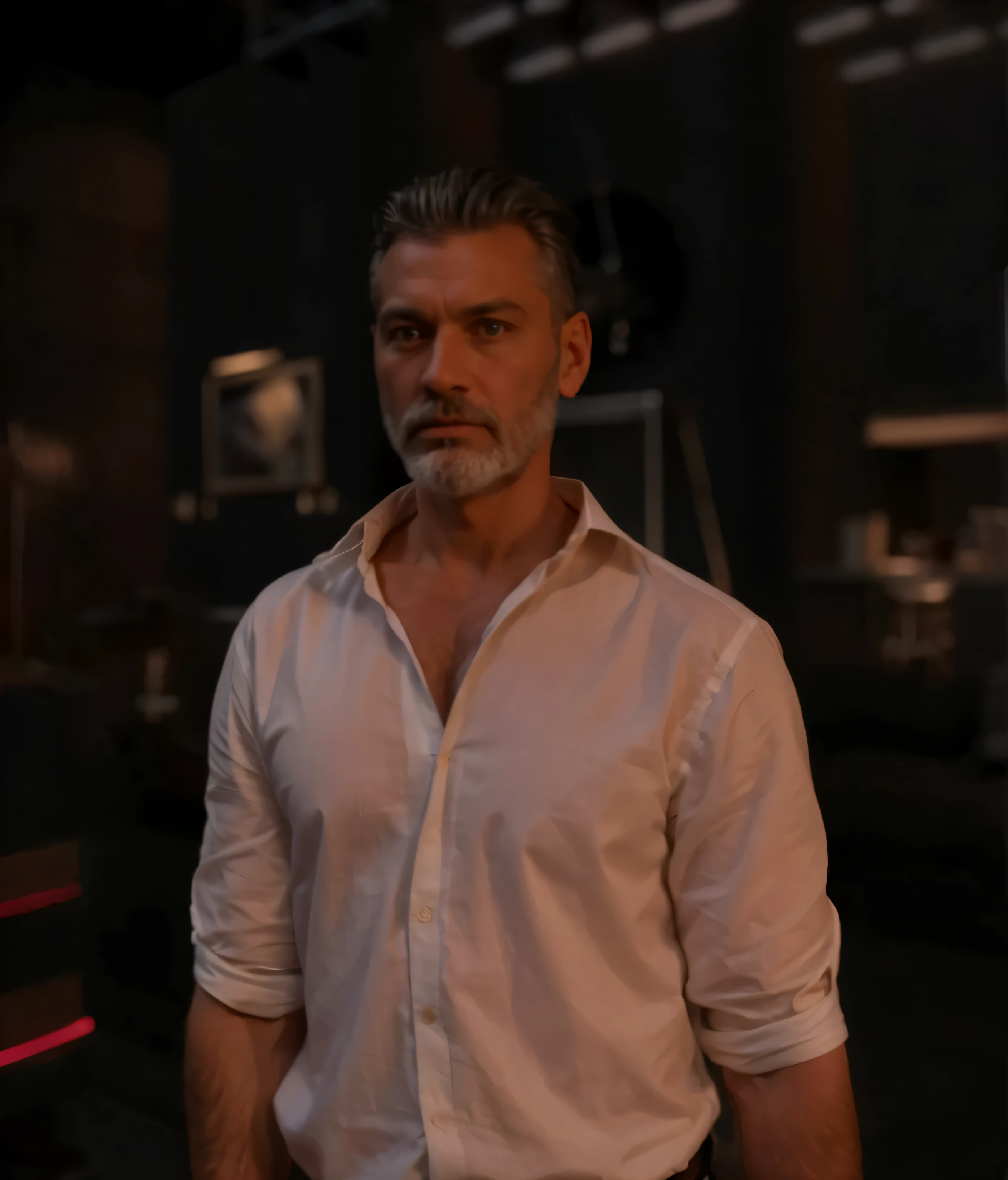 there is a man in his 50s with a beard and a white shirt, detailed unblurred face, creepy uncanny valley, inspired by Daren Bader,  highly detailed, ultra-realistic photorealistic, shot on kodak 400 gold