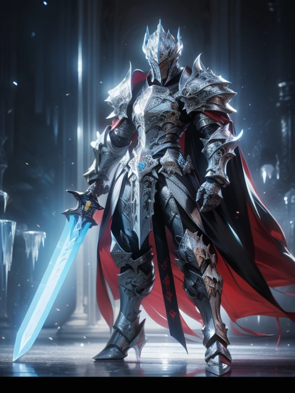 Character design, 1 girl,, slim body, medium chest, skinny waist, ((long deep red hair)). blue eyes. (((ice blue fantasy a female knight in a full armor))), (((big pauldrons, intricate details))), (((large black cape))), (((advanced weapon fantasy plasma sword in right hand))), (standing), in a walled city, masterpiece, HD high quality, 8K ultra high definition, ultra definition,