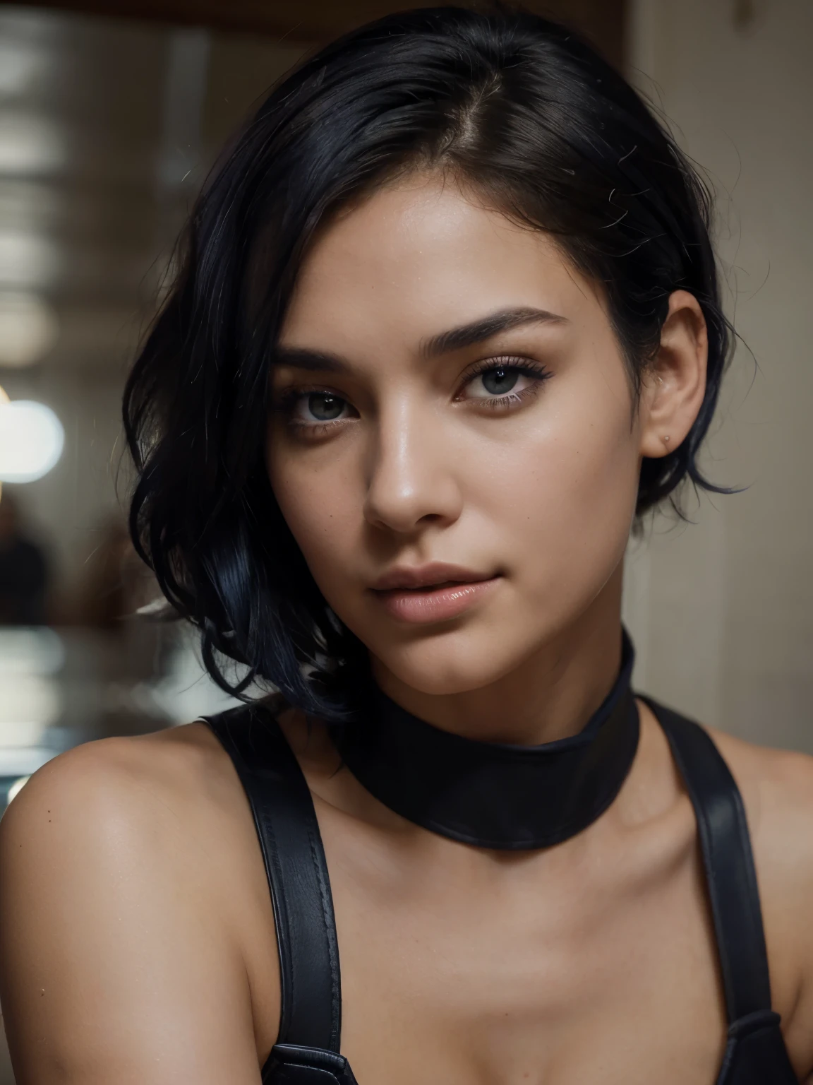 Breathtaking cinematic photo of a 30 year old girl with dark blue hair and Brown eyes, happy, cheerful facial expression, closed mouth, Beautiful lips, complex parts, shallow depth of field, very detailed, high budget, epic Hollywood movie, Fabulous, Masterpiece, award-winning, professional, very detailed, Detailed leather texture, (blush: 0.5), (goosebumps: 0.5). (the most Beautiful woman in the world) (dark blue hair) (short curly hair, wild hair, stylish cut) thin face, thin nose, Beautiful, very Beautiful, Ideal face, Slim body (Slim), (Brown hair) (Brown eyes ) (White skin) beautiful body, western wall, predatory eyes, Pink lips, thick thighs. whole body, western beauty, thin nose, Beautiful, Ideal, ((Best quality)), ((Ultra resolution)), ((Photorealistic: 1.4)), (complex parts), Ideal face, Compose: 1.5 , clean face, facial details. foreground ((uniform, tactical suit, agent costume, a spy)) nose ring