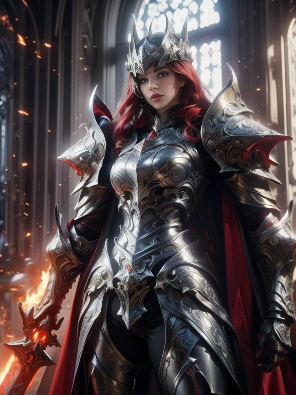 Character design, 1 girl,, slim body, medium chest, skinny waist, ((long deep red hair)). blue eyes. (((white fantasy a female knight in a full armor))), (((big pauldrons, intricate details))), (((large black cape))), (((advanced weapon fantasy plasma sword in right hand))), (standing), in a walled city, masterpiece, HD high quality, 8K ultra high definition, ultra definition,