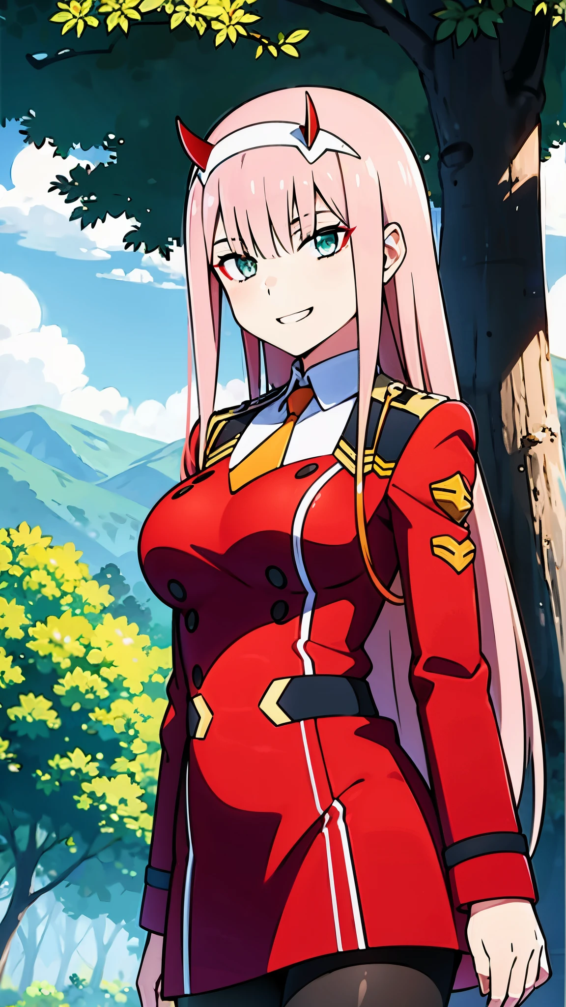 ZeroTwo, 1girl, solo, long hair, looking at viewer, smile, long sleeves, dress, medium breasts, very long hair, green eyes, standing, pink hair, pantyhose, hairband, parted lips, necktie, horns, grin, uniform, aqua eyes, black pantyhose, military, military uniform, red dress, straight hair, white hairband, short necktie, orange necktie, outdoors, forest, blue sky, upper body