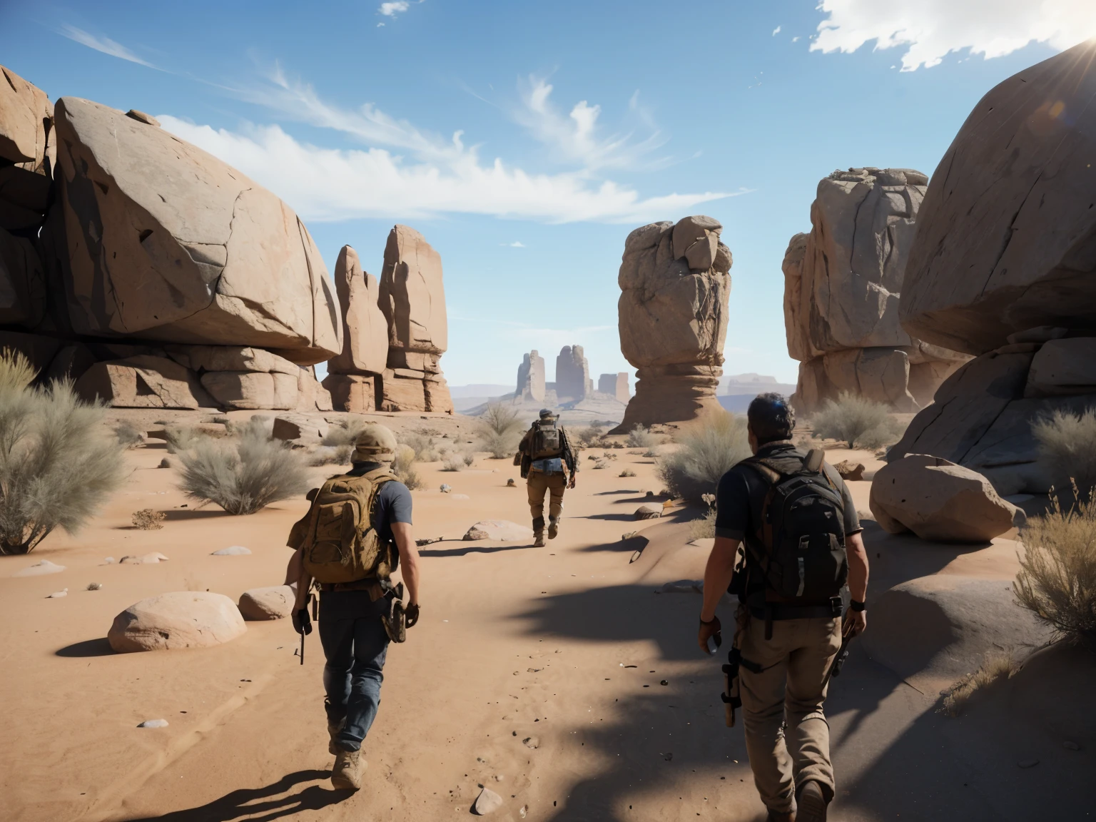 two people walk through the desert near a large stone, презентация Unreal Engine 5, 24mm anamorphic lens, inspired by Sanford Robinson Gifford, gameplay screenshot, still from a music video, Sylvain Sarrail and Igor Morski, interior gameplay screenshot, 2019, TV screenshot