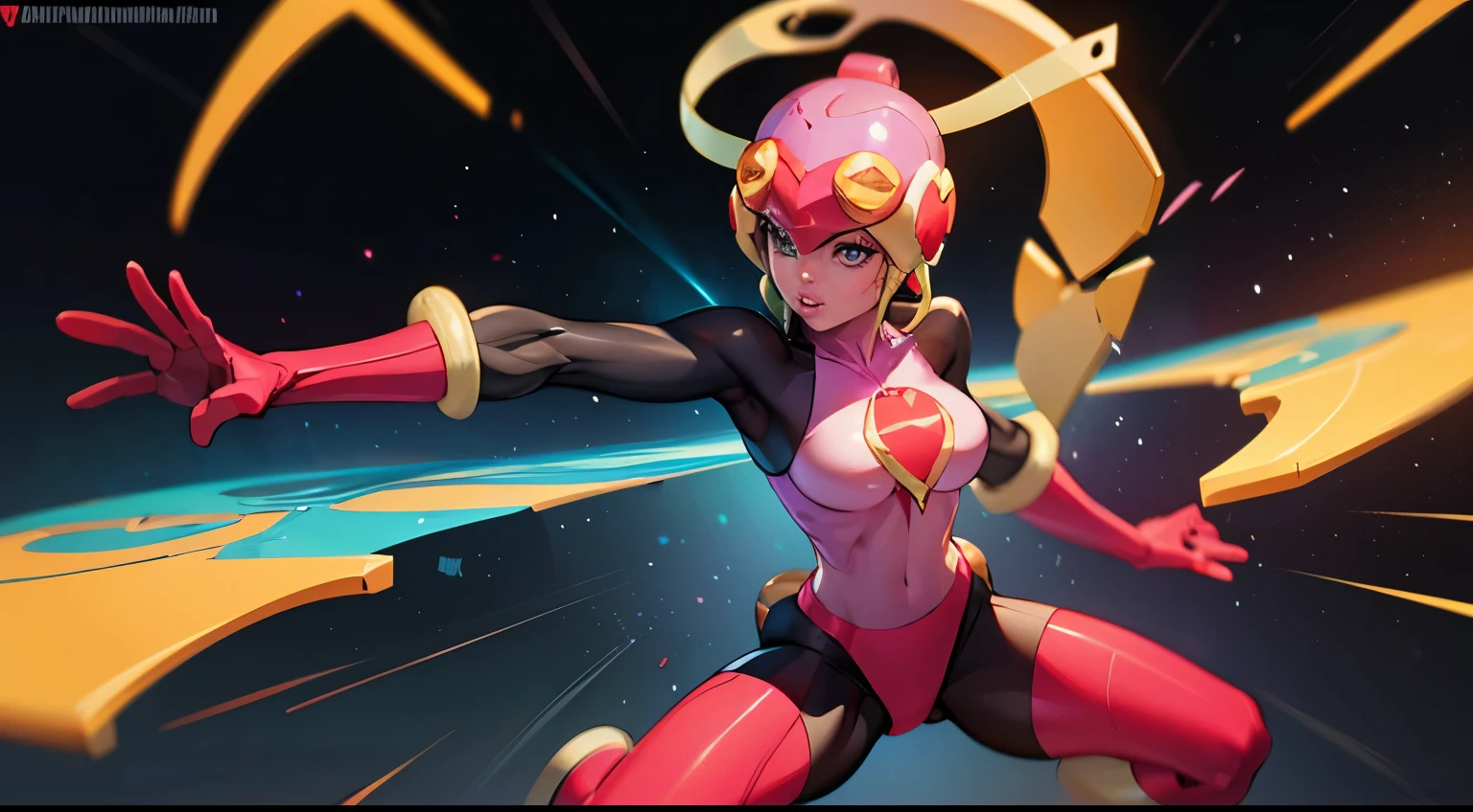 1 supersexy girl wear a (roll.exe) bodysuit, Space War Background, pink Aura Body, pink helmet, yellow antenna on head, (Supernova Power), Light blonde Hair, large ponytail, Red Eye, Perfect Body, Sexy, neon glow, hovering, very detailed, (Fighting stance), mecha musume, detailed eyes, detailed face