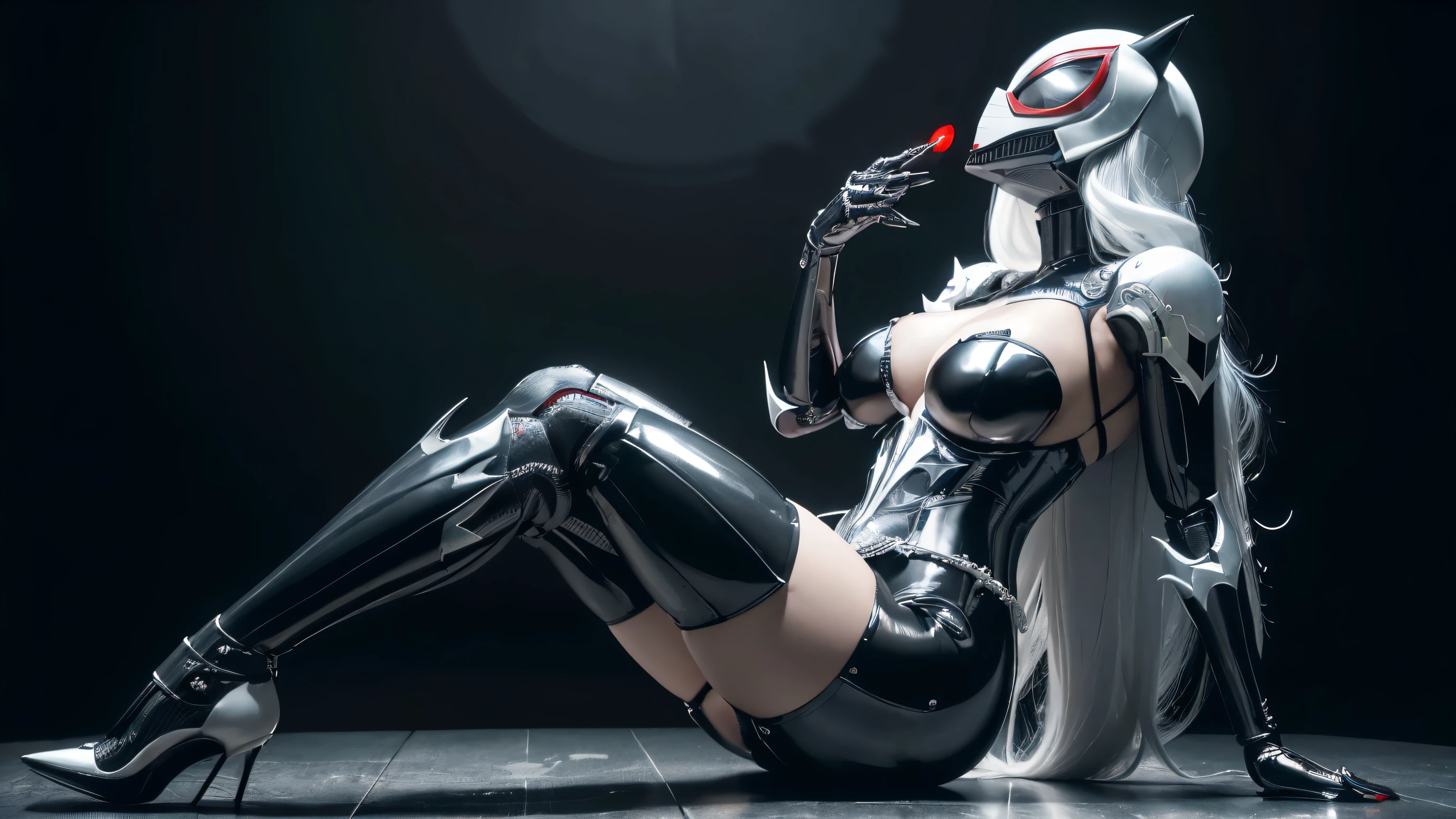 (Best quality, one person, ((masterpiece)), 8k, raw, ((a hot chick young beautyful big tits girl)), ((detailed face)), (there is a dark cyber city in the background), (good anatomy), her clothes are very torn in several places, detailed eyes, detailed face, (((black white latex with Garter Belts Sexy ))), (((good anatomy))), (big tits), (PUSH UP TITS), (((WEARING A white VENOM batman spiderman mask))), (tits on focus), ((full body)), ((wearing high heels)), ((venom outfit)), white and black spiderman venom, (catwoman), batman, (diablo) , (((horror style background))), wearing a white hood, it is photographed from side, (((she has a big venom face))), (((she looks up))), ((her costume are very torn in several places)), platform heels, sitting, crossed legs, fullbody, ((black carbon robot hands)), ((cyborg)), white hair, hot long legs
