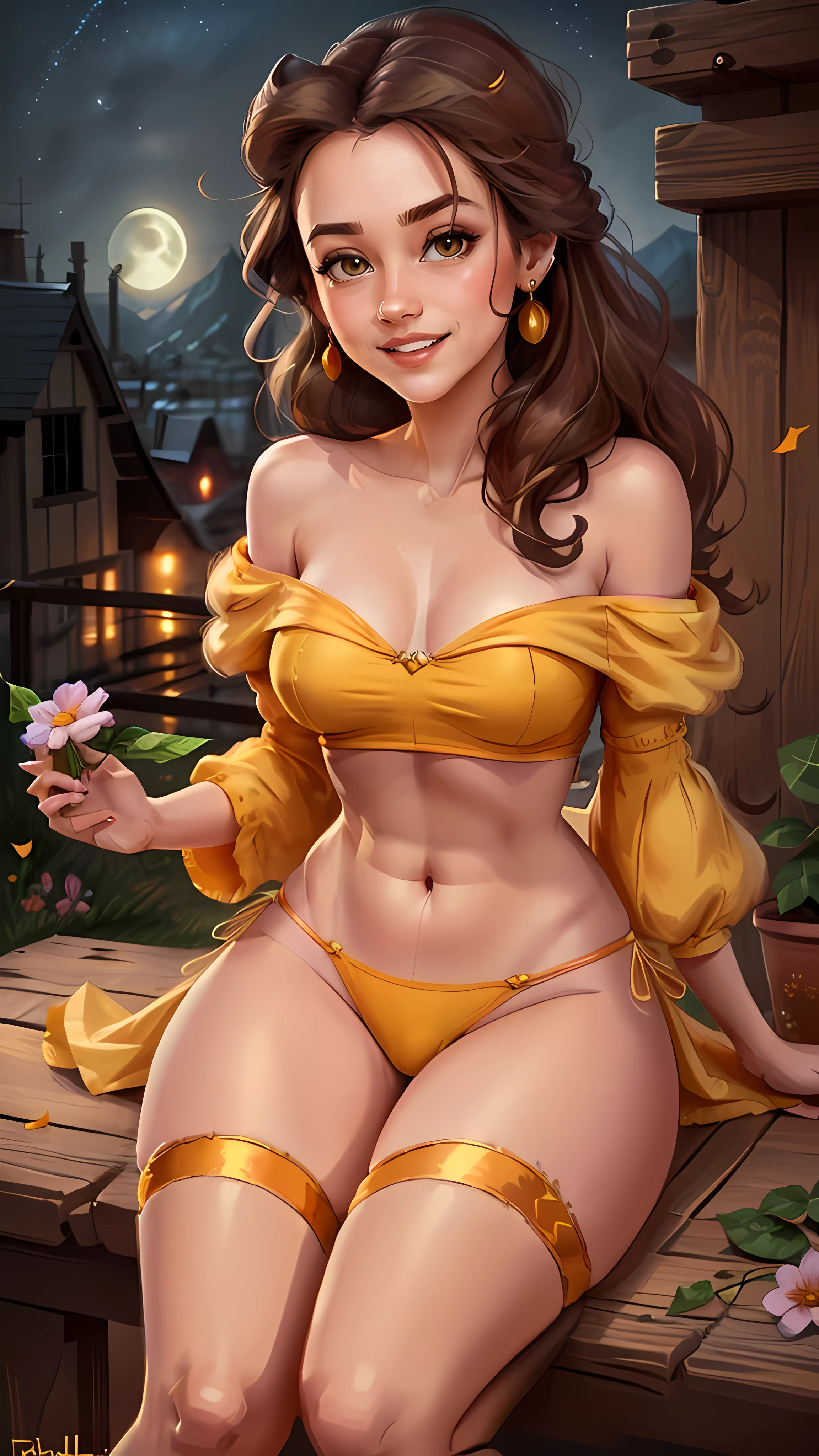 (BelleWaifu:1), 1girl, solo, spread legs, looking at viewer, smile, shirt, bare shoulders, jewelry, sitting, full body, flower, earrings, rude string thong, camel toe, off shoulder, crop top, makeup, bird, border, moon, full moon, opened off-shoulder shirt, showing breast, (realistic:1.2), (realism), (masterpiece:1.2), (best quality), (ultra detailed), (8k, 4k, intricate),(full-body-shot:1), (85mm),light particles, lighting, (highly detailed:1.2),(detailed face:1.2), (gradients), sfw, colorful,(detailed eyes:1.2)(detailed background),detailed landscape, (dynamic angle:1.2), (dynamic pose:1.2), (rule of third_composition:1.3), (Line of action:1.2)