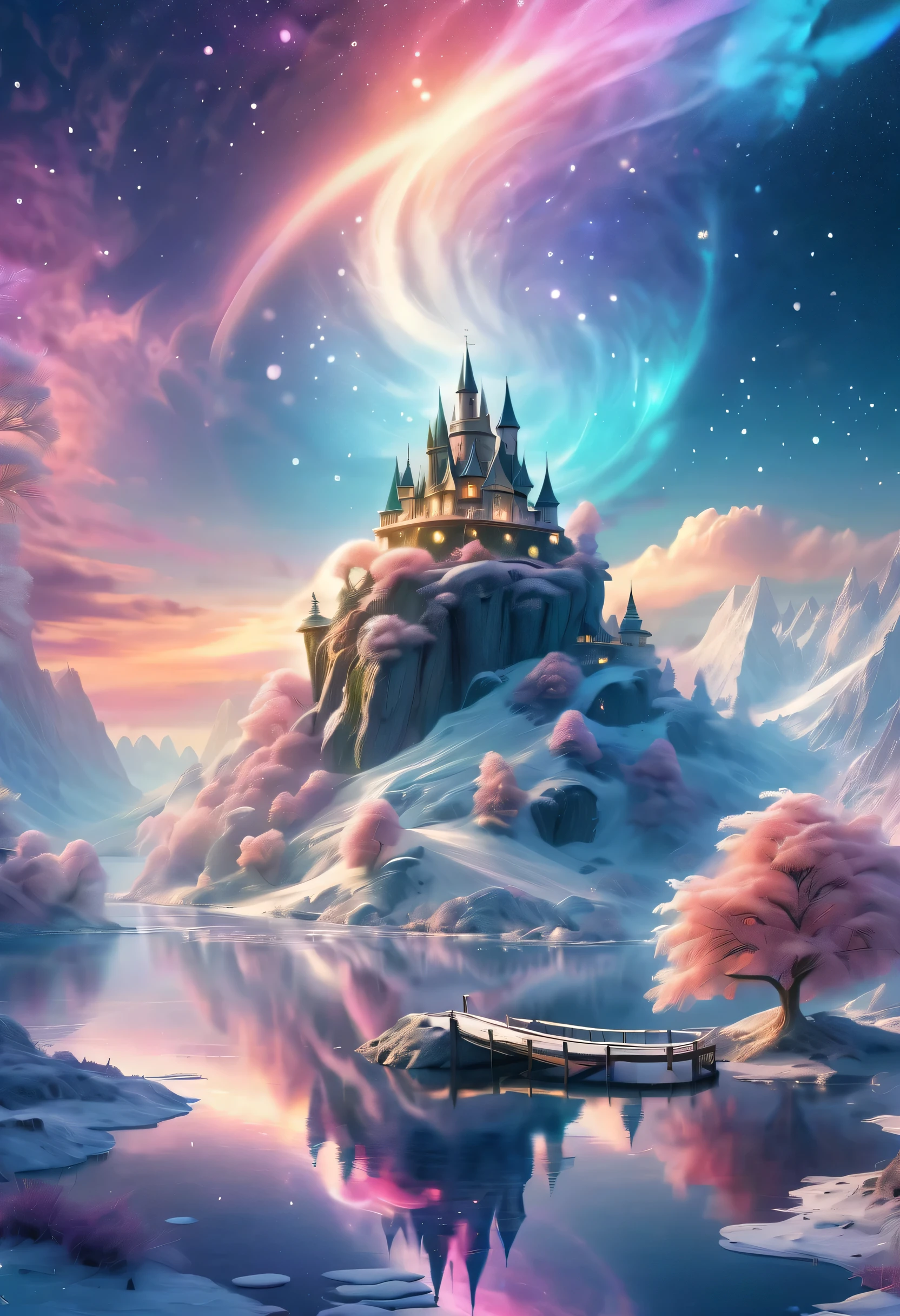 Dream Island in the Sea of Clouds,winter landscape,Snow country glitters,like a dream,Surreal wonderland,Overlapping clouds and fog,Colorful snowflakes are flying,The tree of life blooms with endless vitality,Twinkling stars in the night sky,Whimsical fantasy landscape art, Beautiful Art Ultra HD 16K, 16K highly detailed digital art, Beautiful and detailed fantasy, epic fantasy landscape, Mysterious fantasy landscape, Magic fantasy is very detailed, magical scenery, Made of trees and fantasy valley, Detailed fantasy digital art, 8K detailed digital art and more