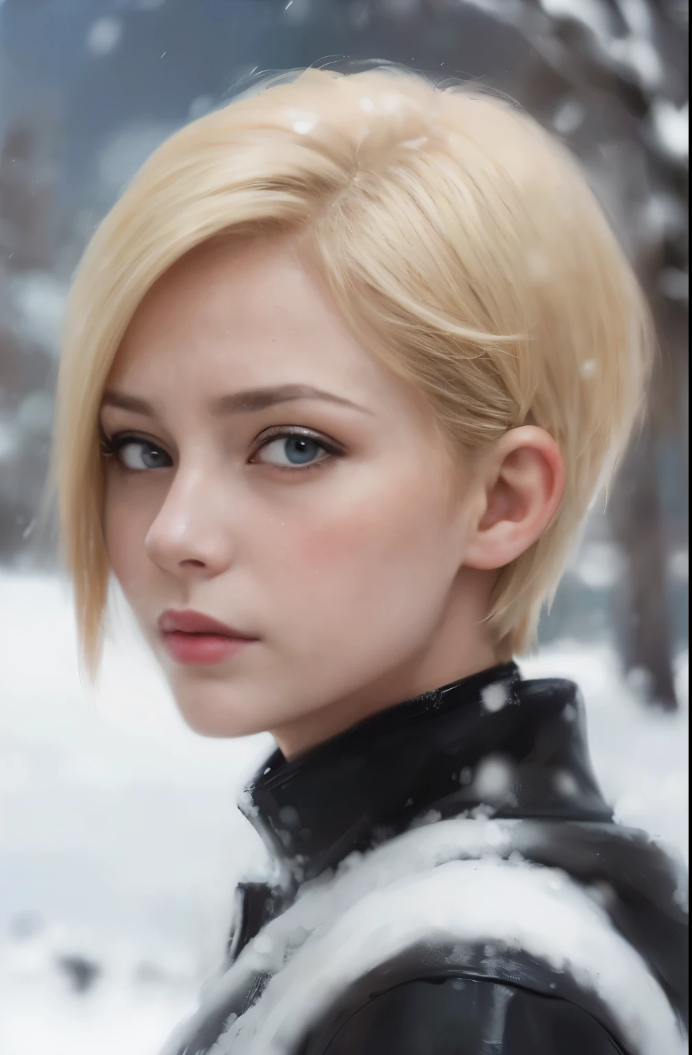 (oil painting, Masterpiece, Best quality, ultra detailed, Focus on character), Short blond hair, ([back:0.8]|[ face facing backwards:1.1]), serious face, ([Cold scenario:1.2]|[ snowy background:1.3]| [High contrast:1.1])  